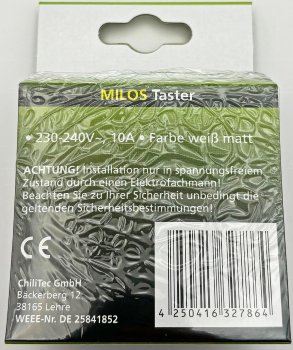 MILOS Taster, weiß matt, 0-250V~/ 10A, inkl. Rahmen, UP
