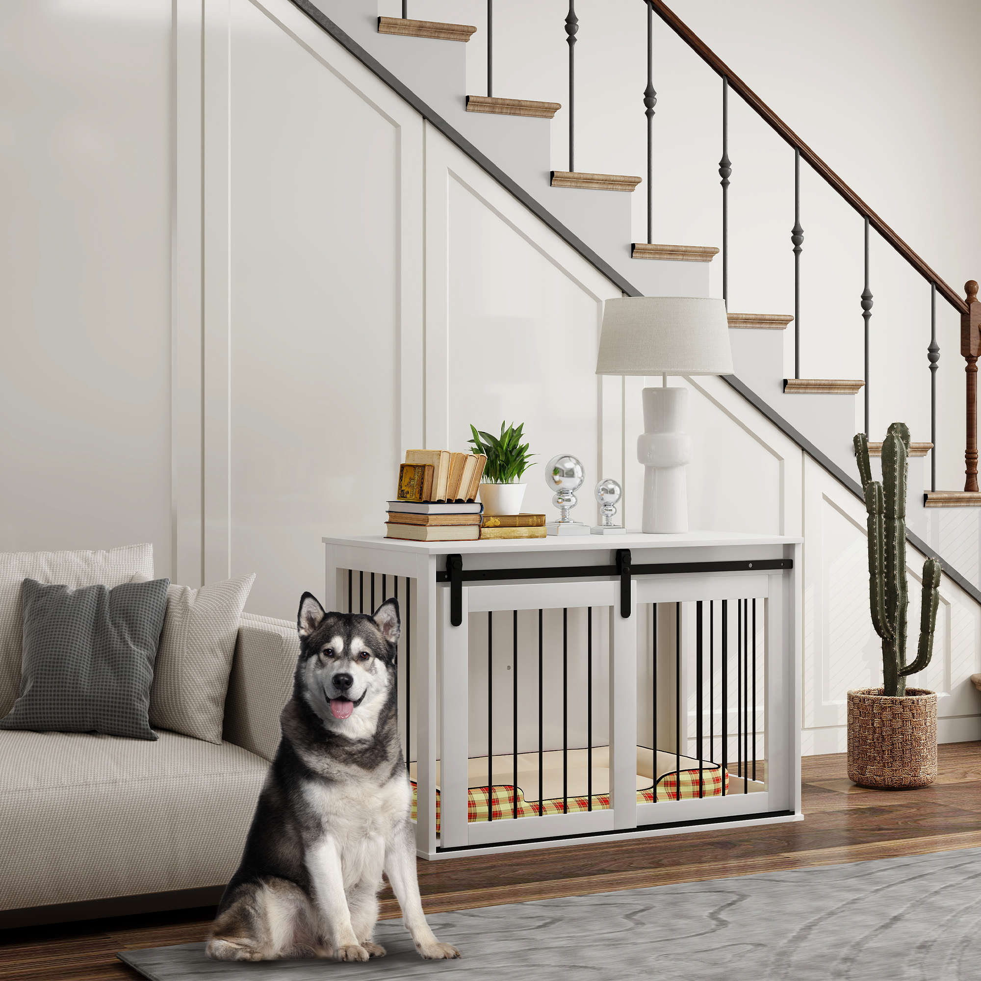 Hundebox mit Schiebetür, Belüftung, Spanplatte und Stahl, 98 x 58 x 61 cm, Walnuss