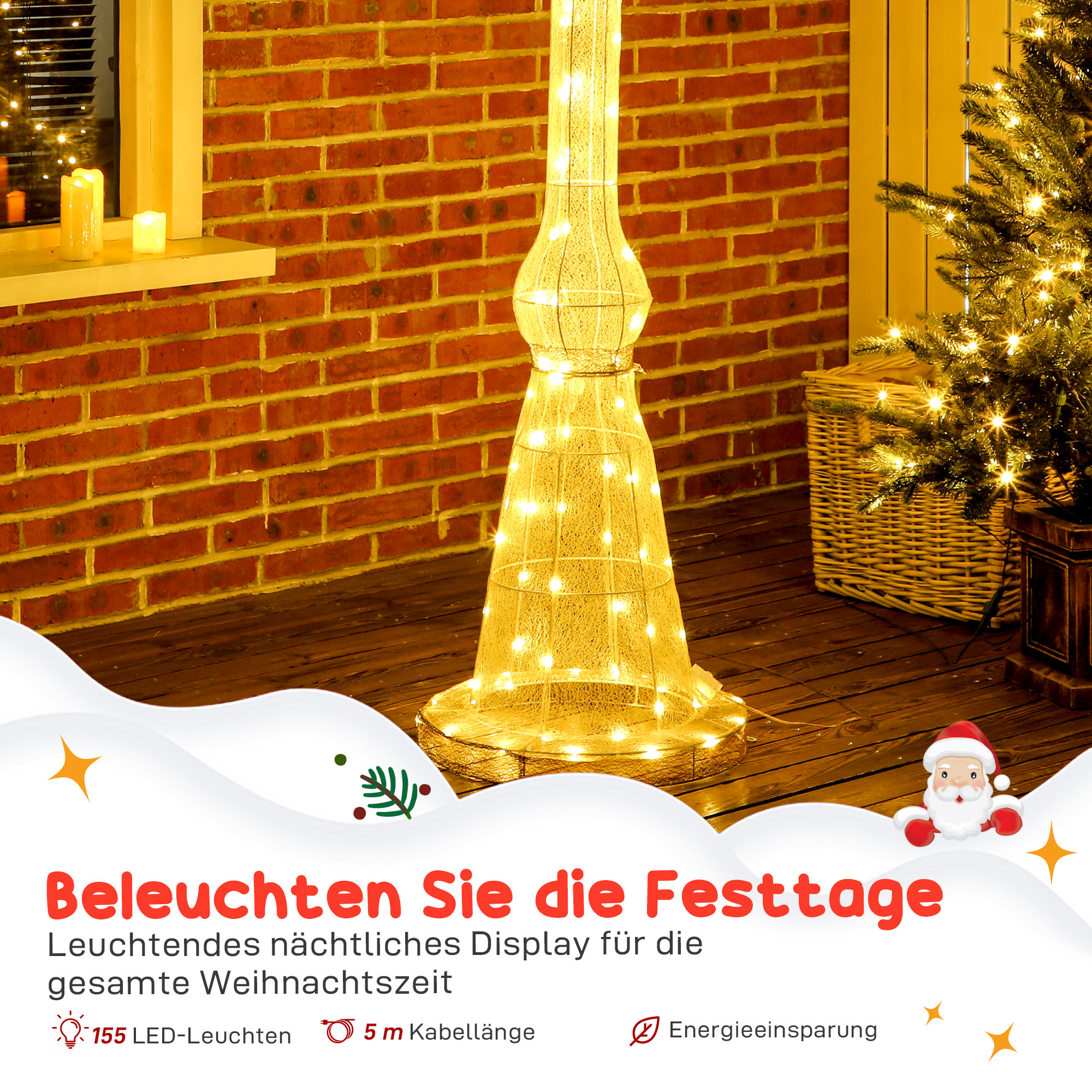 2,15 m beleuchteter Laternenpfahl, 155 LEDs, Outdoor-Weihnachtslaterne, Rote Schleife, wasserfest, für Garten, Terrasse