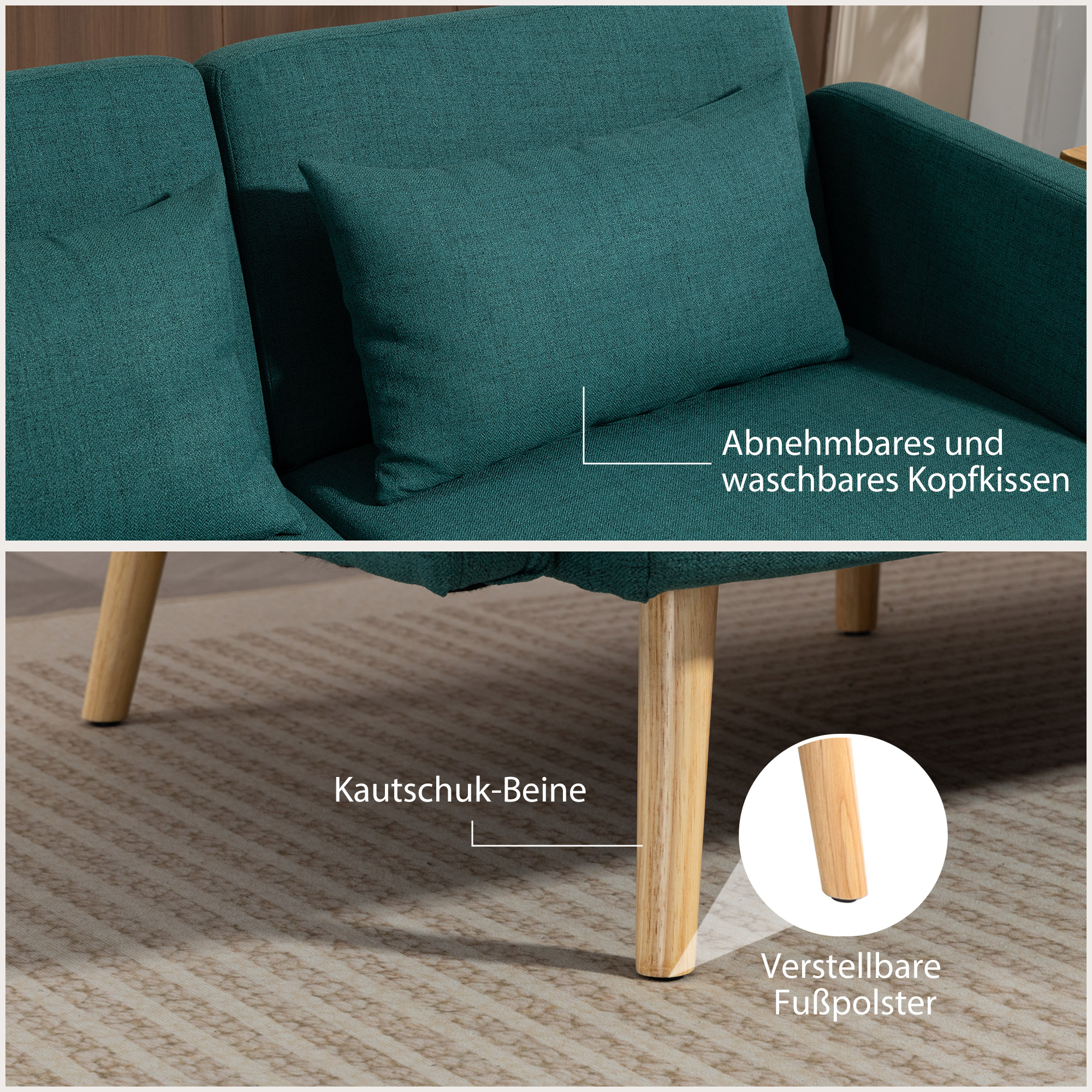 Schlafsofa, 3-Sitzer-Sofa mit Bettfunktion, 2 Kissen, Polstersofa mit verstellbarer Rückenlehne, Leinenoptik, Grün