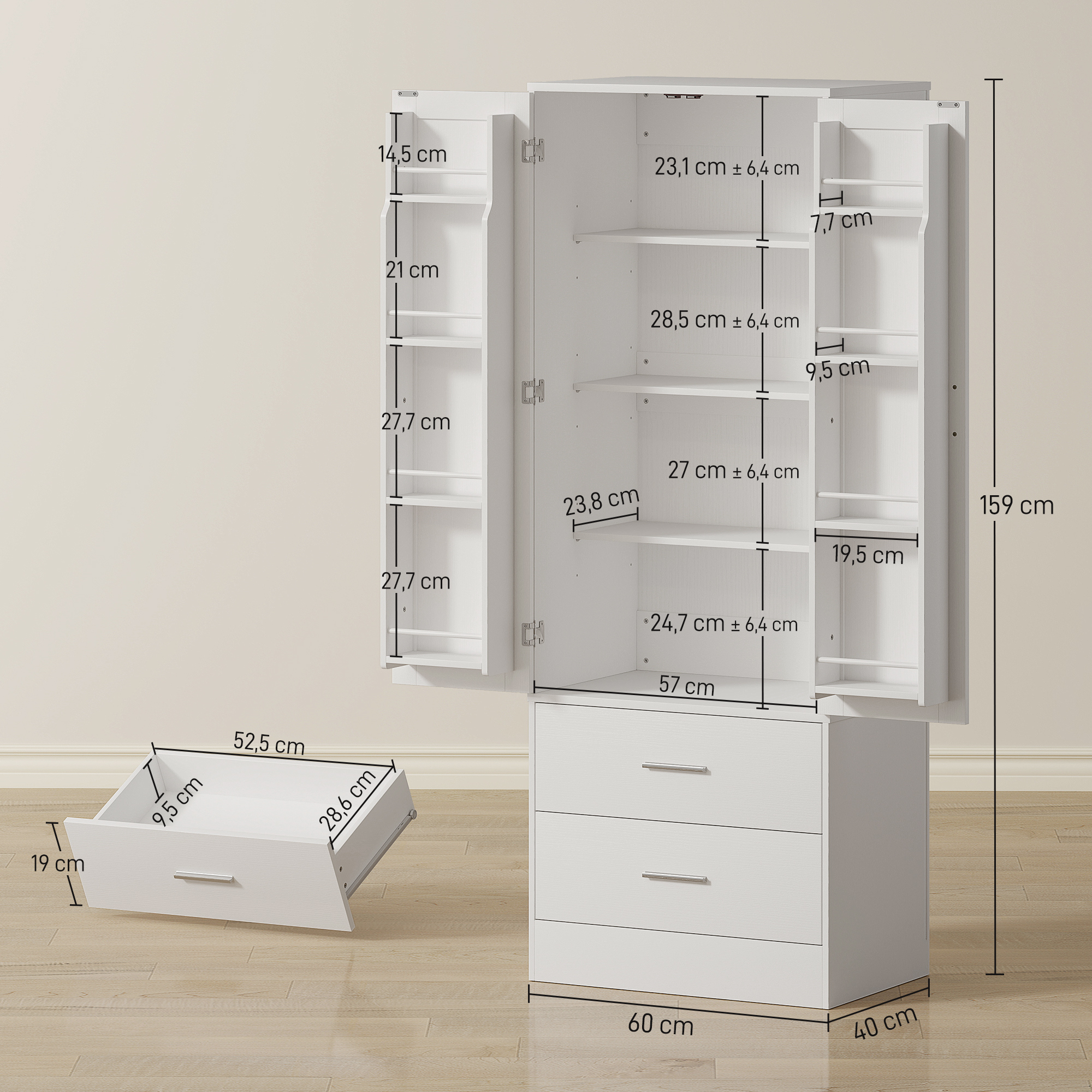 159 cm Küchenschrank, verstellbare Regale, 2 Schublade, für Küche, Esszimmer, Spanplatte, MDF, Weiß