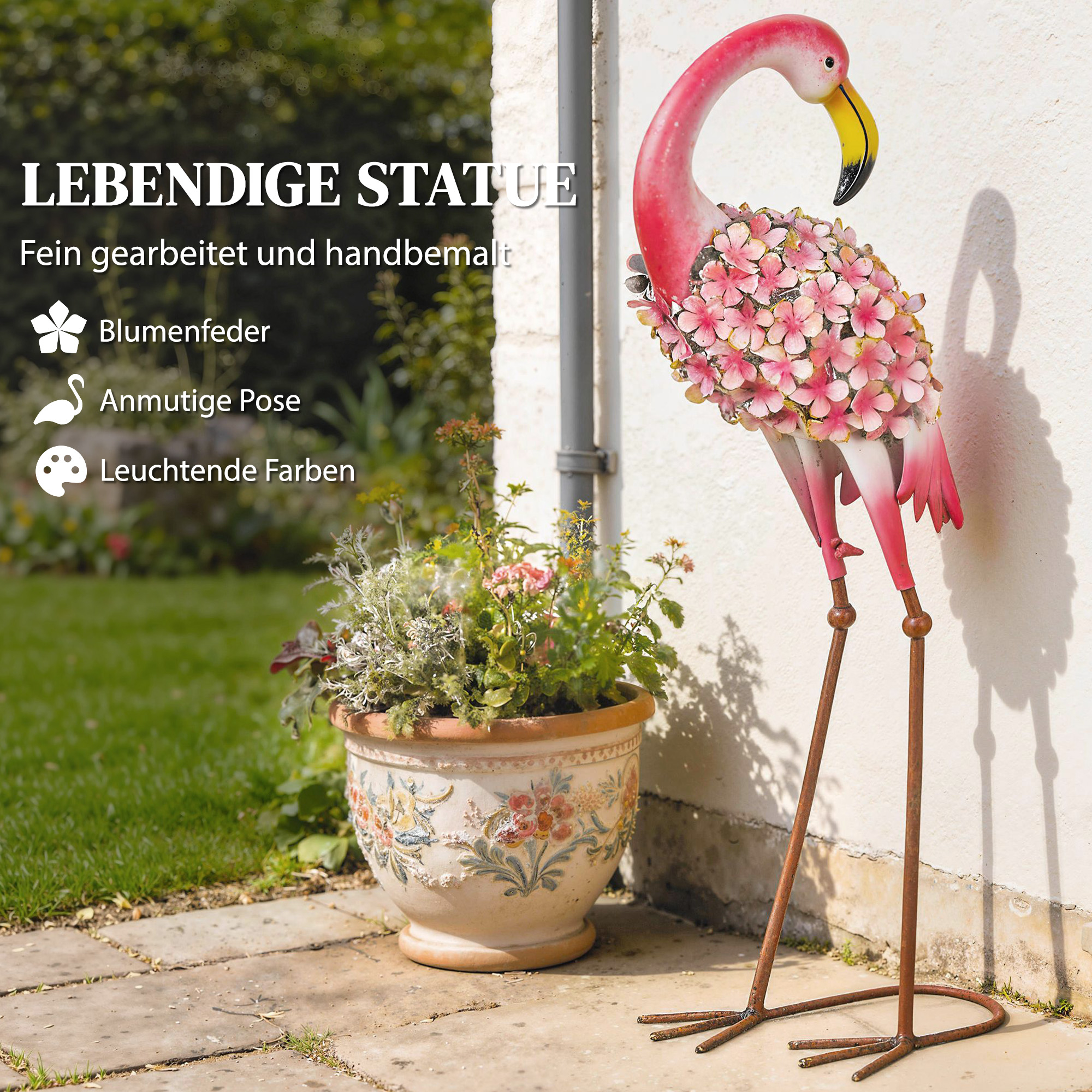 Flamingo Gartenstatuen Set aus 2, Florale Feder-Metallvögel, Stehende Skulpturen mit Bodenankern, Rot
