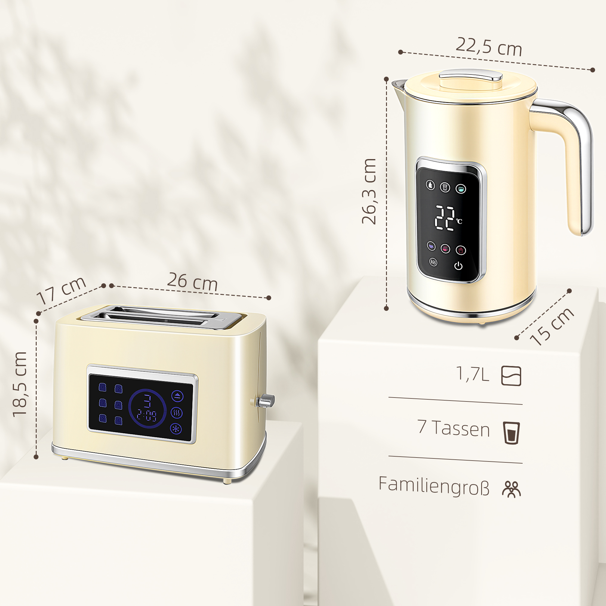 Wasserkocher und Toaster-Set mit LED-Touchscreen, 1,7 L, 2 Toasterschlitze, verschiedene Modi und Funktionen, Cremeweiß