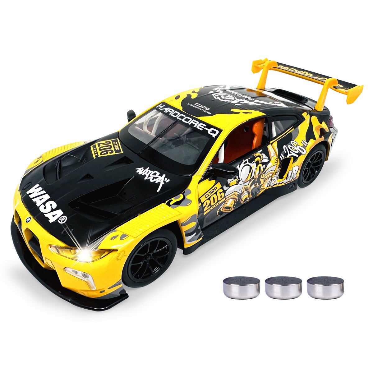 BMW M4 GT3 Diecast 1:24 gelb inkl. Knopfzellen
