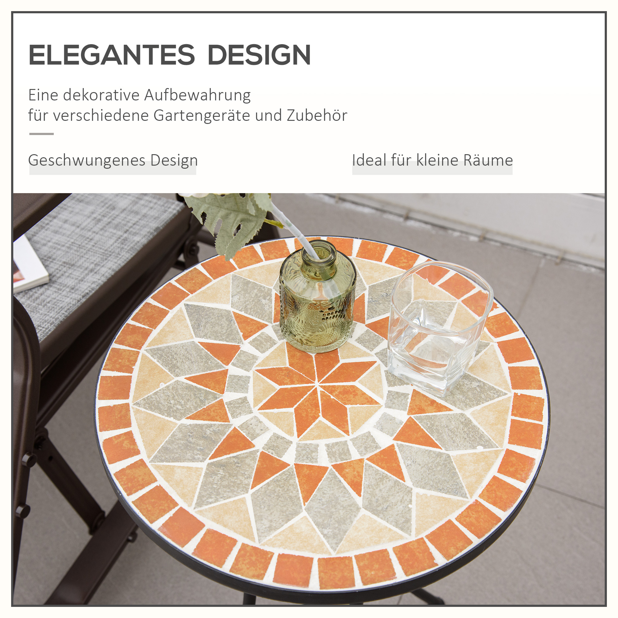 Beistelltisch Gartentisch Ø35,5cm Rund wetterfest im Mesh-Stil Balkontisch mit Mosaik-Muster Metall Campingtisch Kaffeetisch für Wohnzimmer Büro Outdoor Indoor Gelb+Grau