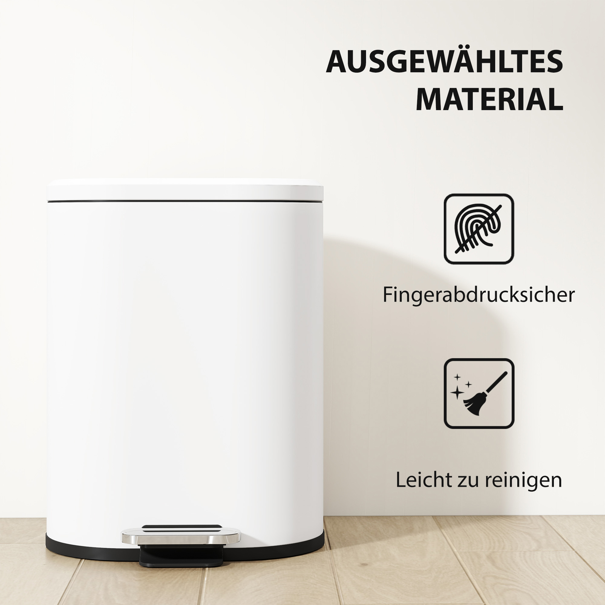 Mülleimer 12L Treteimer Abfalleimer mit Deckel, Fußpedal, Inneneimer, Soft-Close-Funktion, 30 x 25,5 x 37,5 cm, Weiß