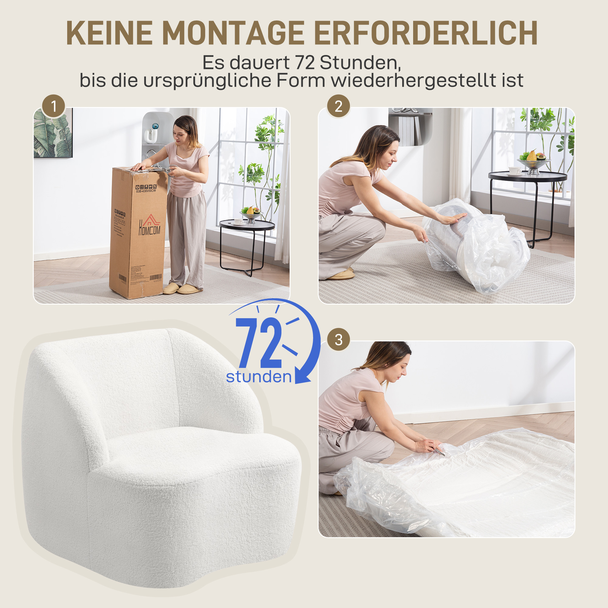Moderner Sessel mit Fleece-Polsterung, kuscheliger Polstersessel für Wohnzimmer, Schlafzimmer, Homeoffice, Cremeweiß