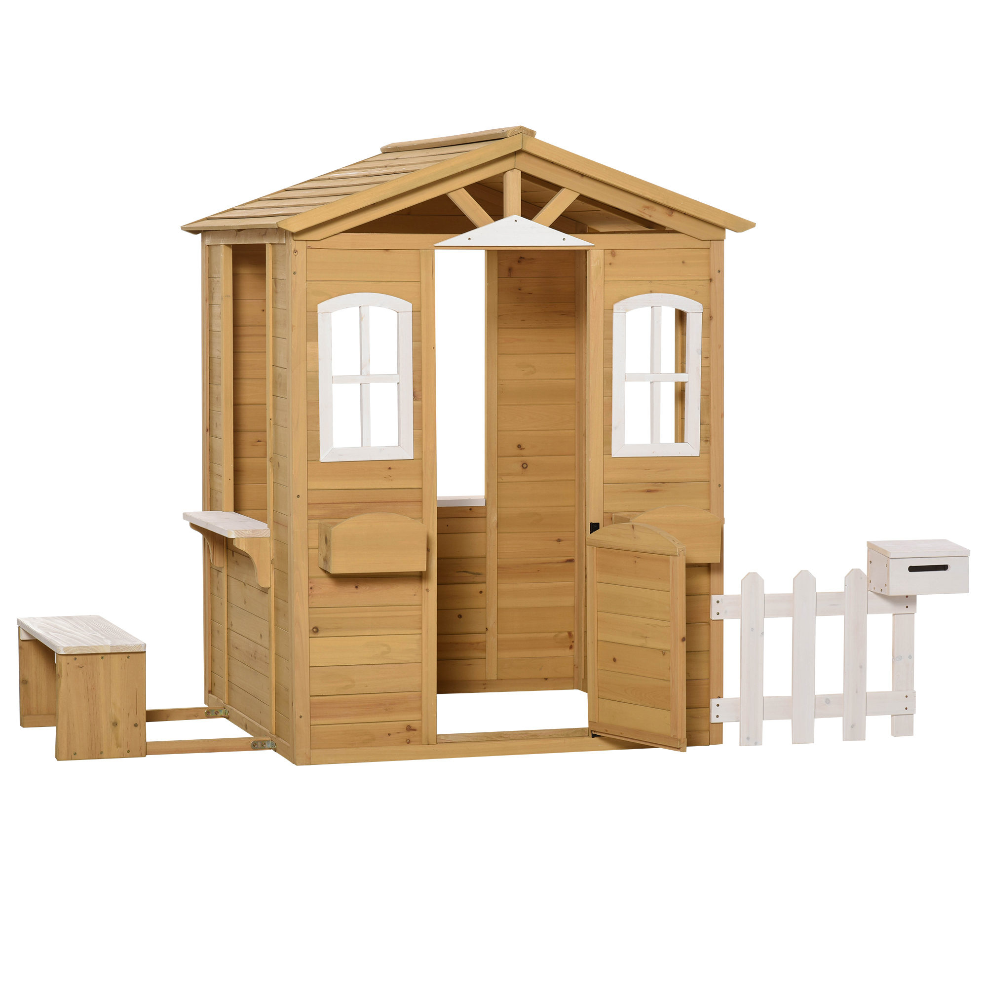 Kinderspielhaus aus Holz Spielhaus Outdoor mit Tür, Fenster und Pflanzkasten Briefkasten Bank für Kinder 3-6 Jahre