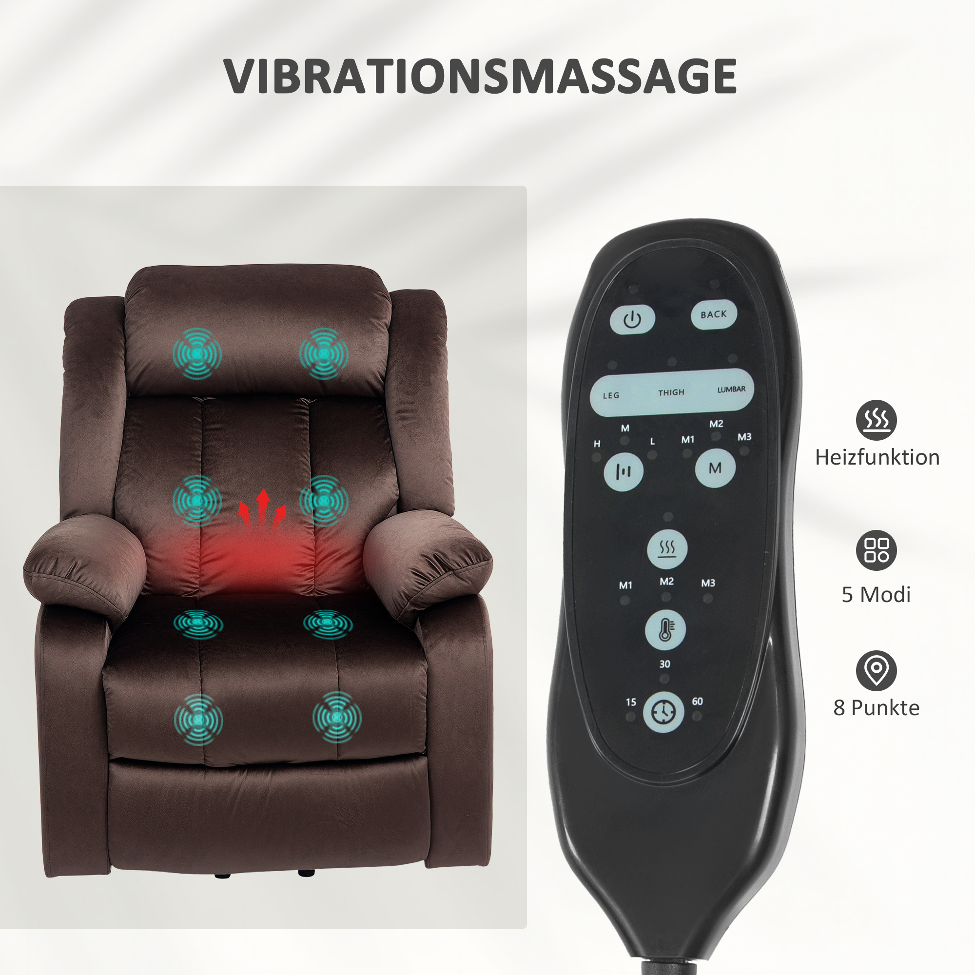 Aufstehsessel mit Massagefunktion und Lendenheizung, Recliner-Sessel mit Fernbedienungen und Seitentaschen, Braun