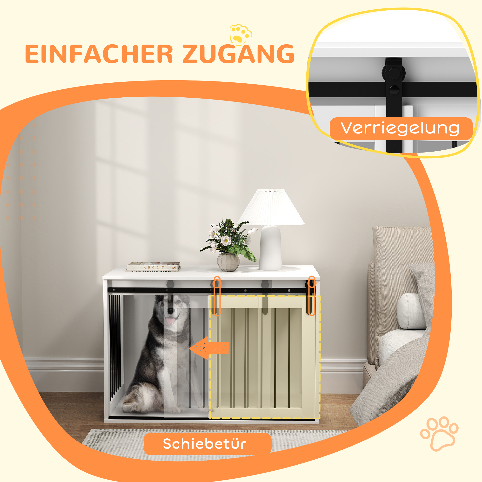 Hundebox mit Schiebetür, Belüftung, Spanplatte und Stahl, 98 x 58 x 61 cm, Walnuss