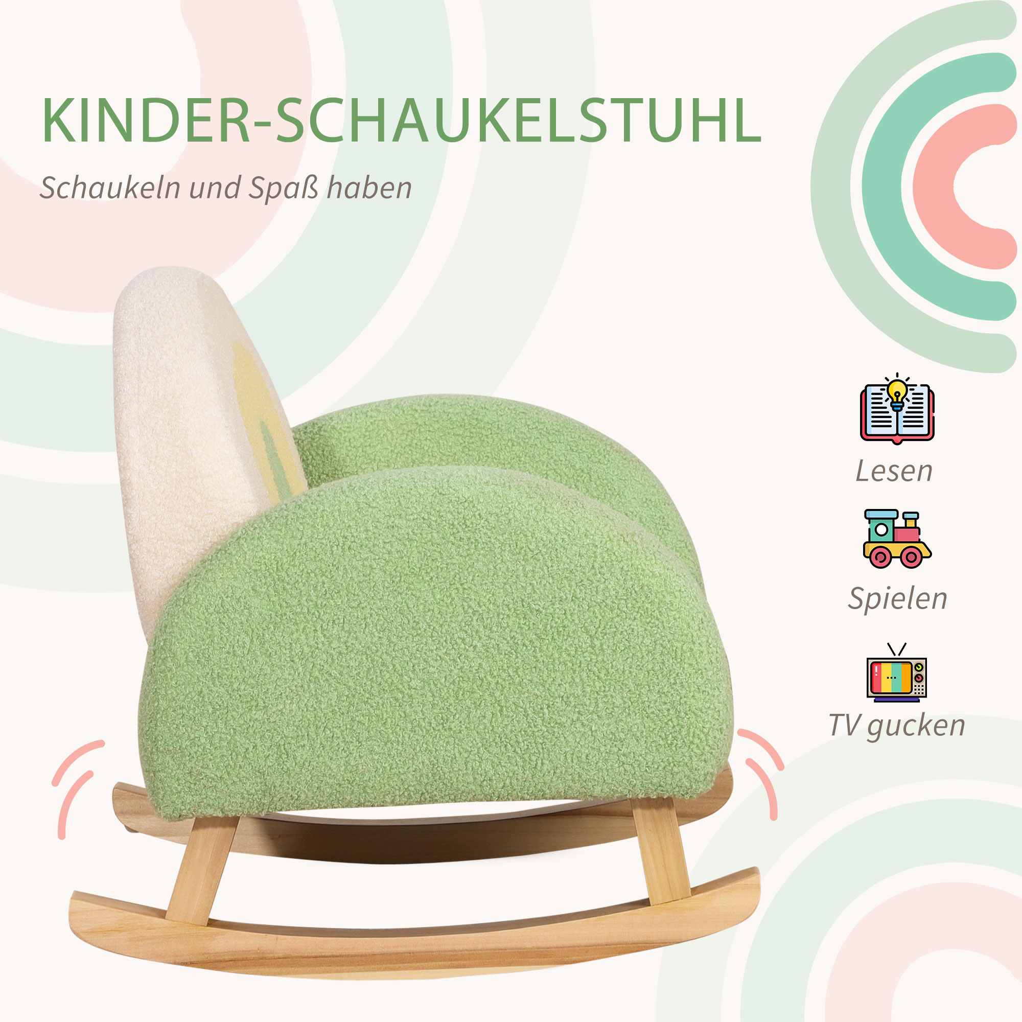 Schaukelstuhl für Kleinkinder Niedliches Design, Schaffell-Imitat, Eukalyptusholz Grün + Gelb Beige