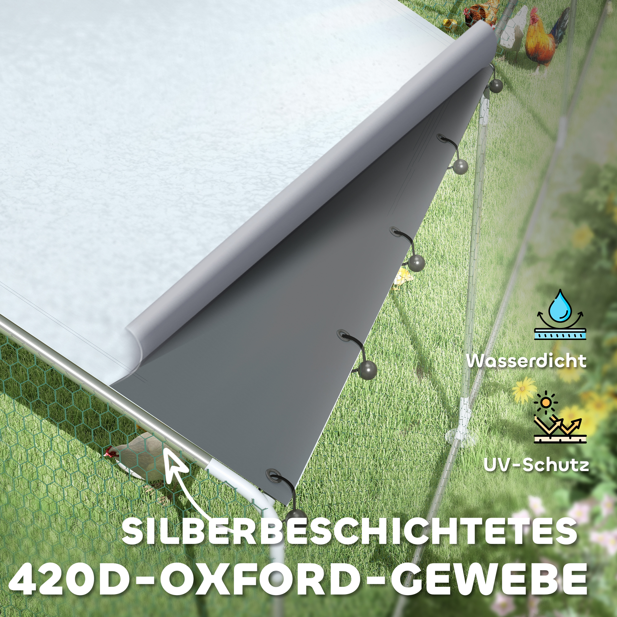 Hühnerstall, Freilaufgehege für Hühner, mit UV-beständiger Plane, Stahlgitter, Futterautomat, für 24-30 Hühner