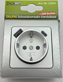 DELPHI Schutzkontakt-Steckdose, silber, 230V~/ 16A, Unterputz, USB-C / PD