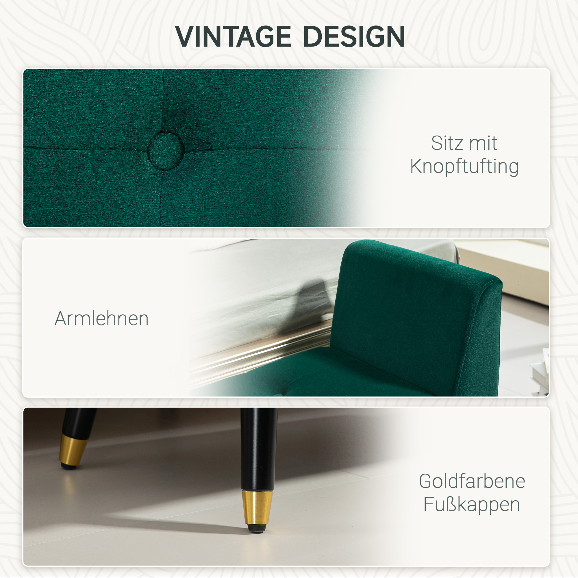 Polsterbank mit Stauraum, Armlehnen, Samtartiges Polyester, Kautschukholz, 107 x 42 x 65 cm, Grün