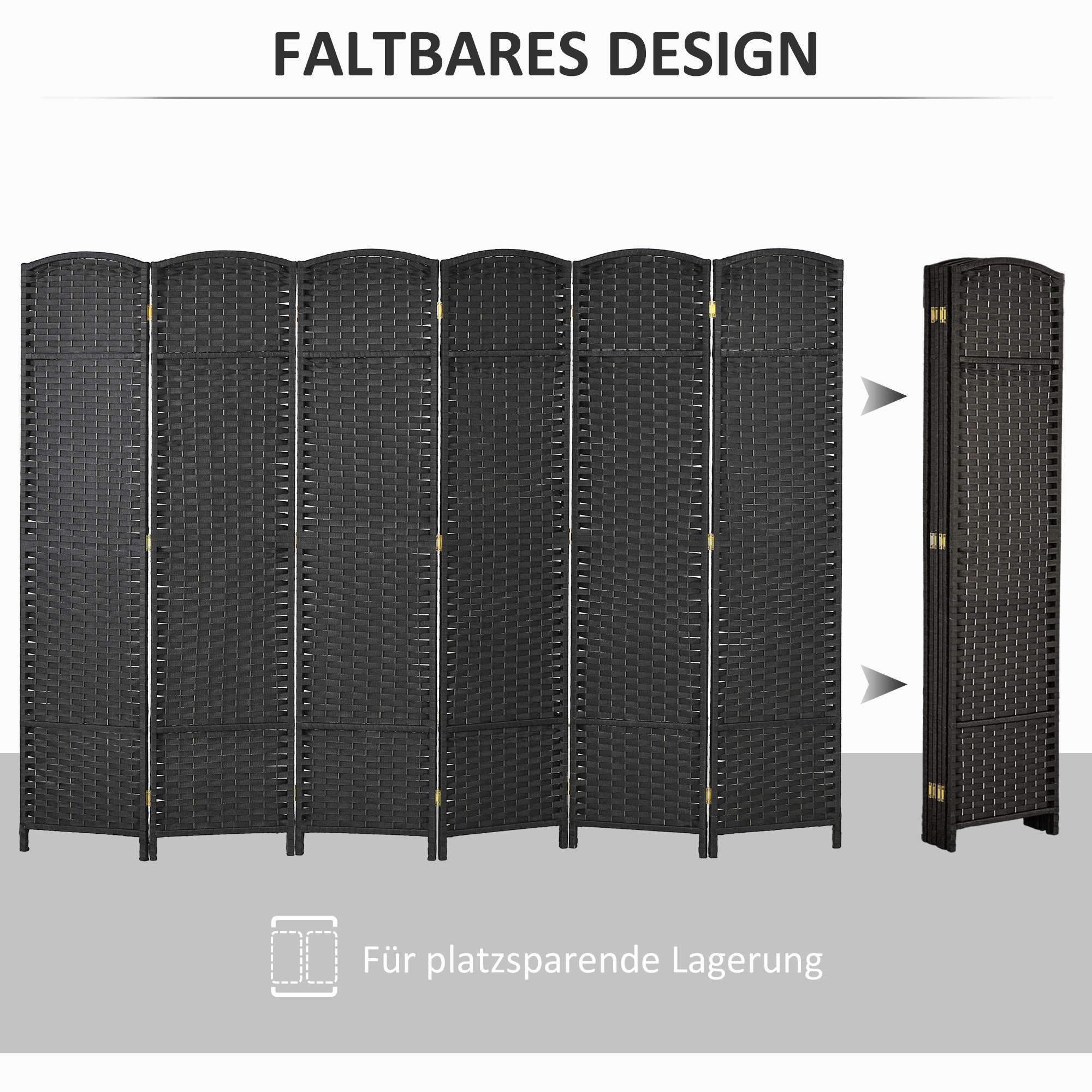 6-teiliger Raumtrenner, Faltbarer Sichtschutz, Sichtschutzwand für Wohnzimmer, Schlafzimmer, Homeoffice, Schwarz