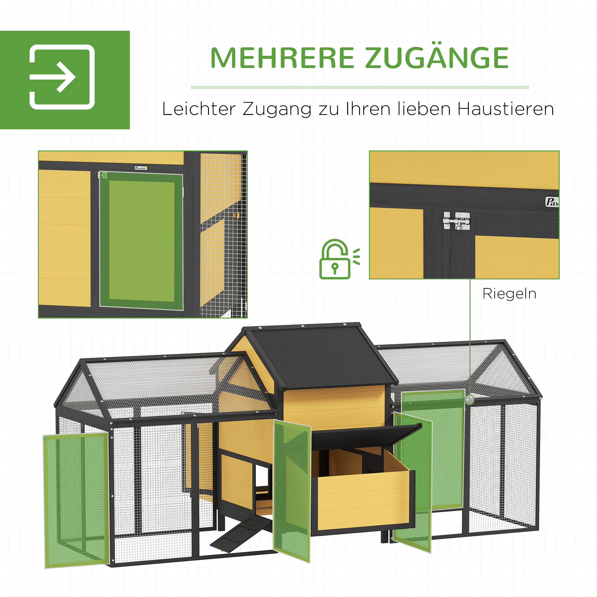 Hühnerstall Kleintierstall 2 Außengehege, 1 Nistkasten, 2 Rampen,Asphaltdach, wetterbeständig, Gelb