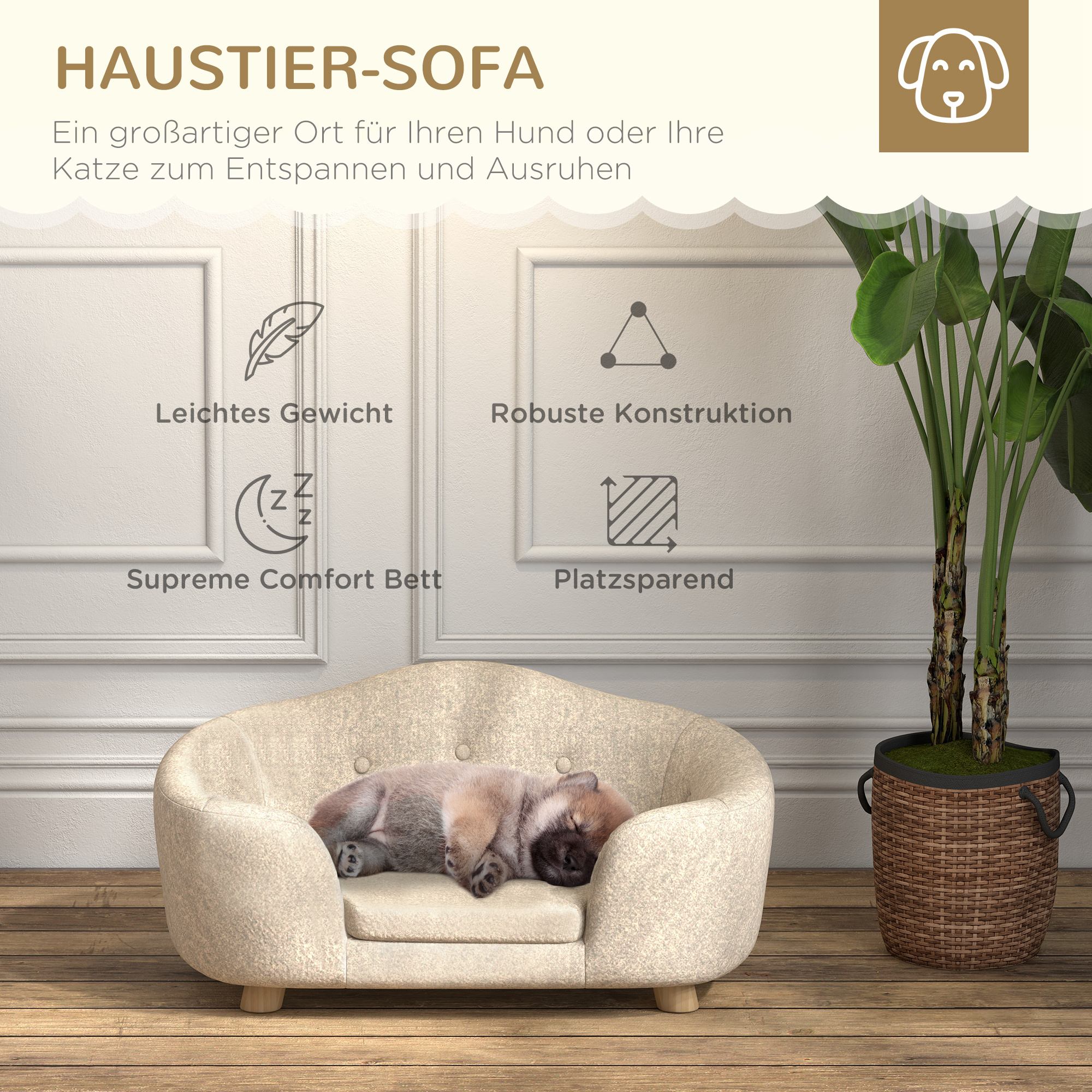 Haustiersofa Hundematte Hundebett Hundesofa Hundecouch Katzen Sofa mit Kissen Rückentasche Plüsch Schaumstoff Kiefernholz Cremeweiß 70 x 47 x 30 cm