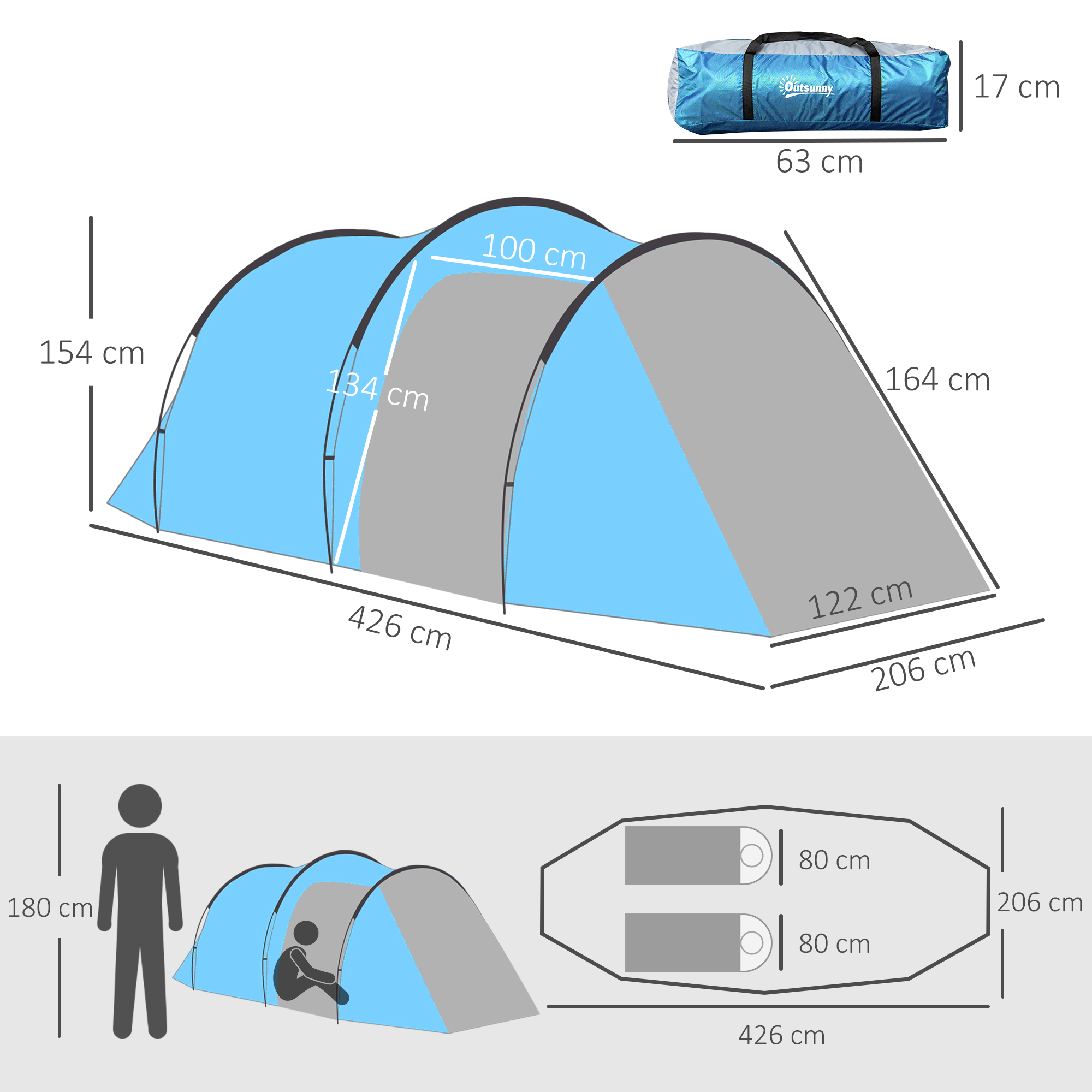 Campingzelt, Wurfzelt für 2-3 Personen, Vorraum & Schlafbereich, wasserdicht, 426 x 206 x 154 cm, Hellblau