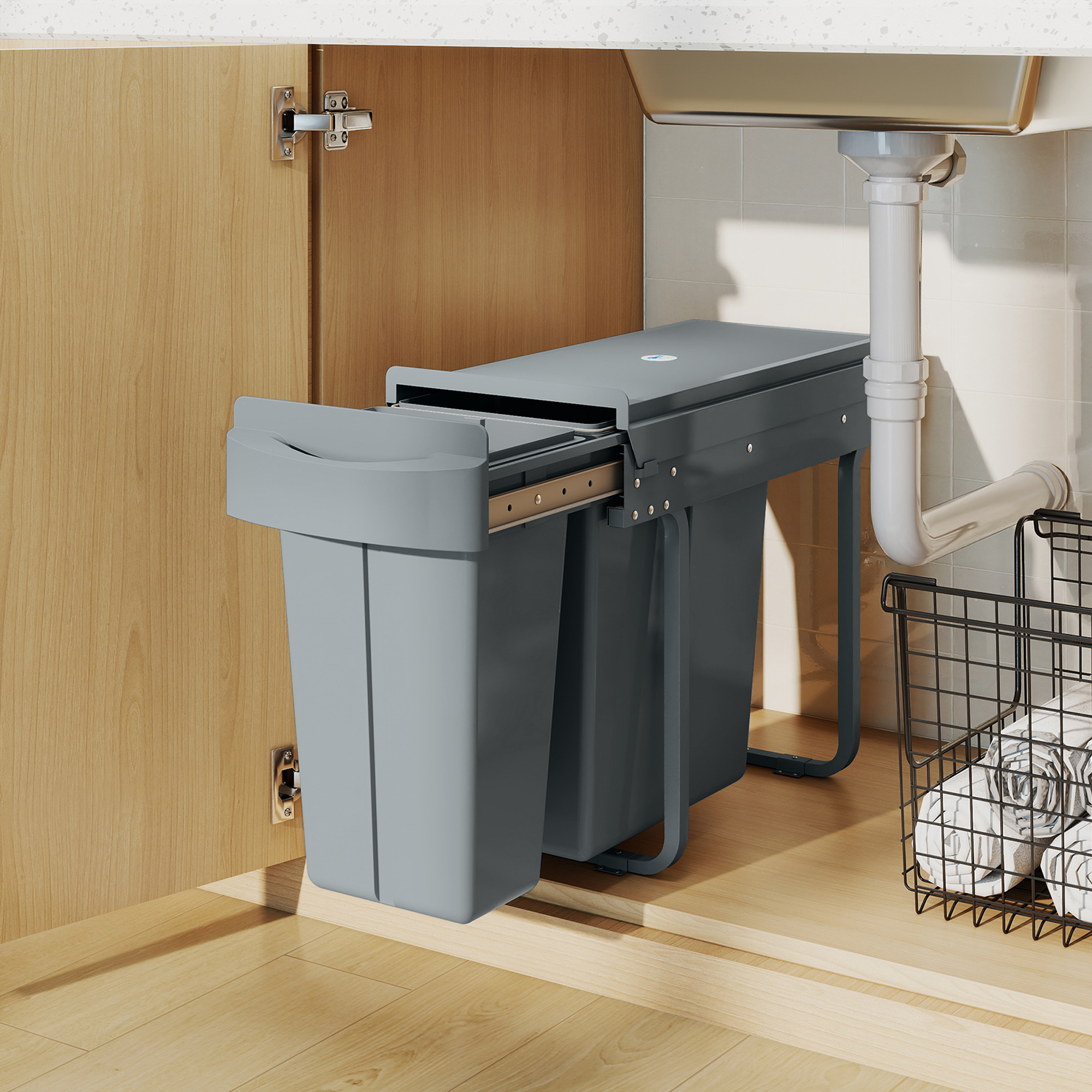 Ausziehbarer Mülleimer, Küchenmüllbehälter mit 2 herausnehmbaren Eimern, Griff, 30 Liter (20 L+10 L), Metall, Grau