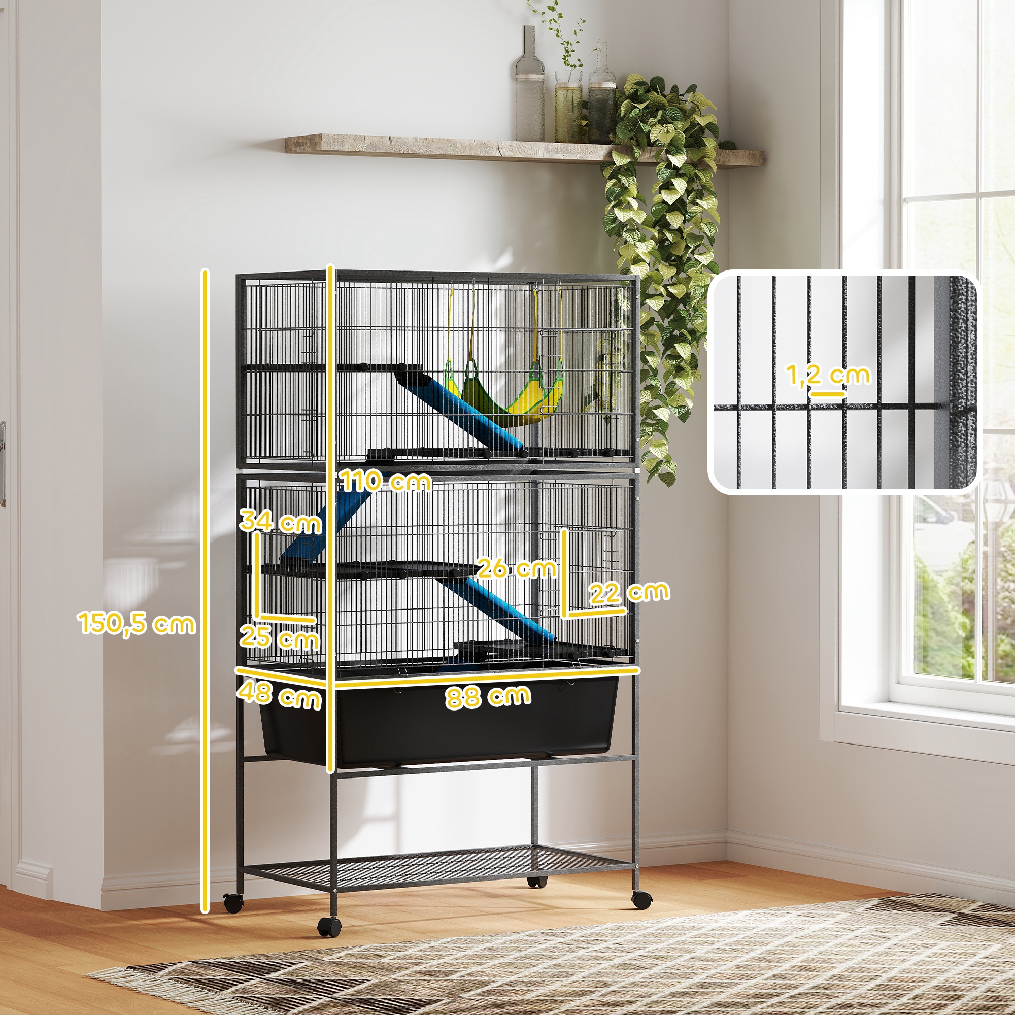 Kleintierkäfig, Haustierkäfig mit 5 Ebenen, Rutschfeste Rampen, Hängematte, 88 x 48 x 150,5 cm, Dunkelgrau