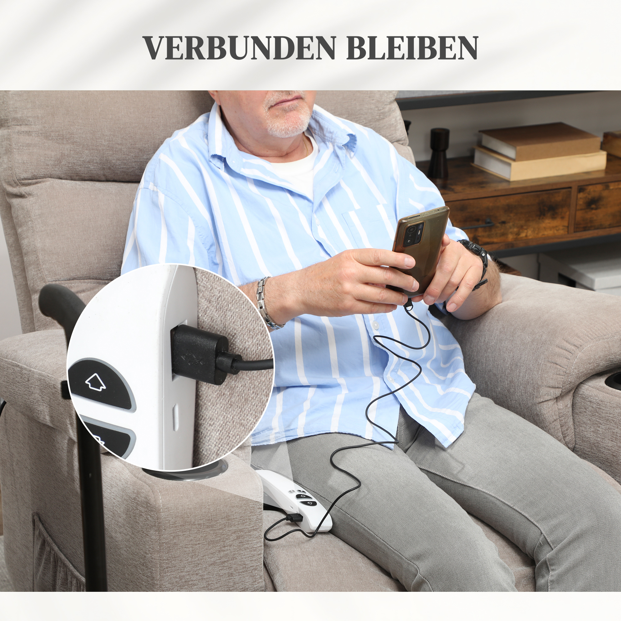 Massagesessel mit Aufstehfunktion, 8 Vibrationsmassagepunkte, Elektrischer Polstersessel mit 2 Fernbedienungen Hellbraun