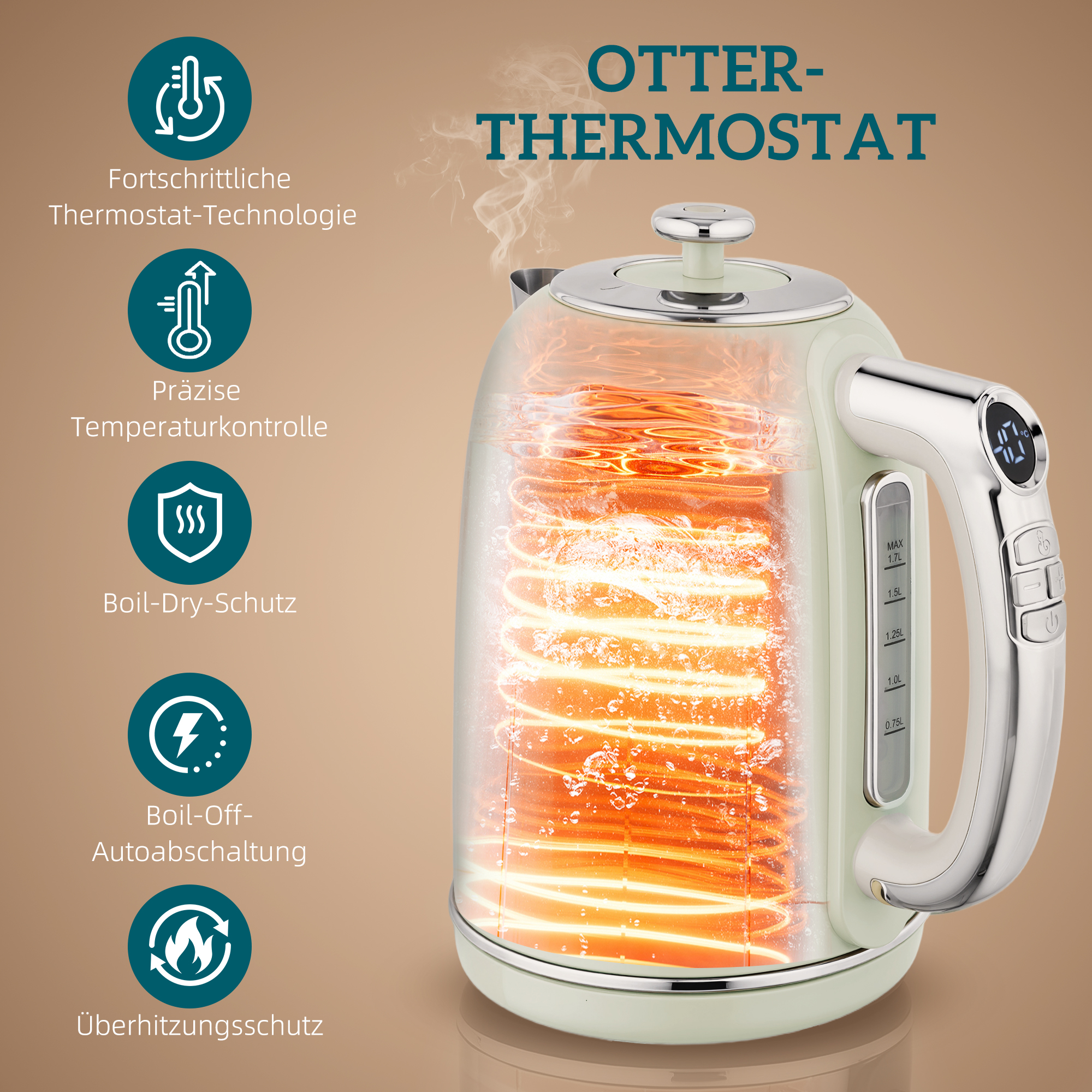 Wasserkocher- und Toaster-Set, LED-Anzeige, 1,7 Liter, 2200W, Retro-Design, Memory-Funktion, Grau