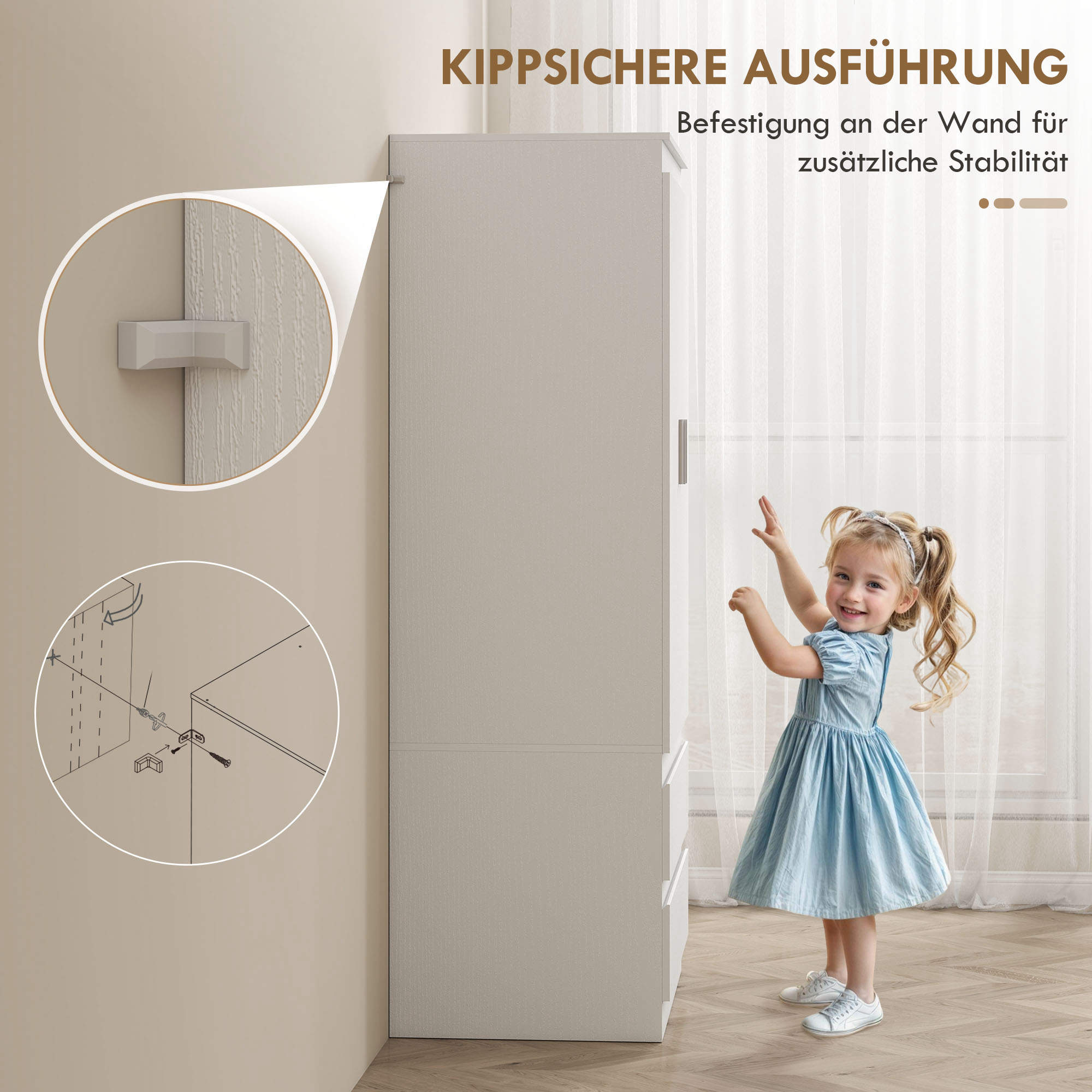 Schlafzimmer-Garderobe mit 2 Türen, 2 Schubladen, 3 Fächer, Holz, Weiß