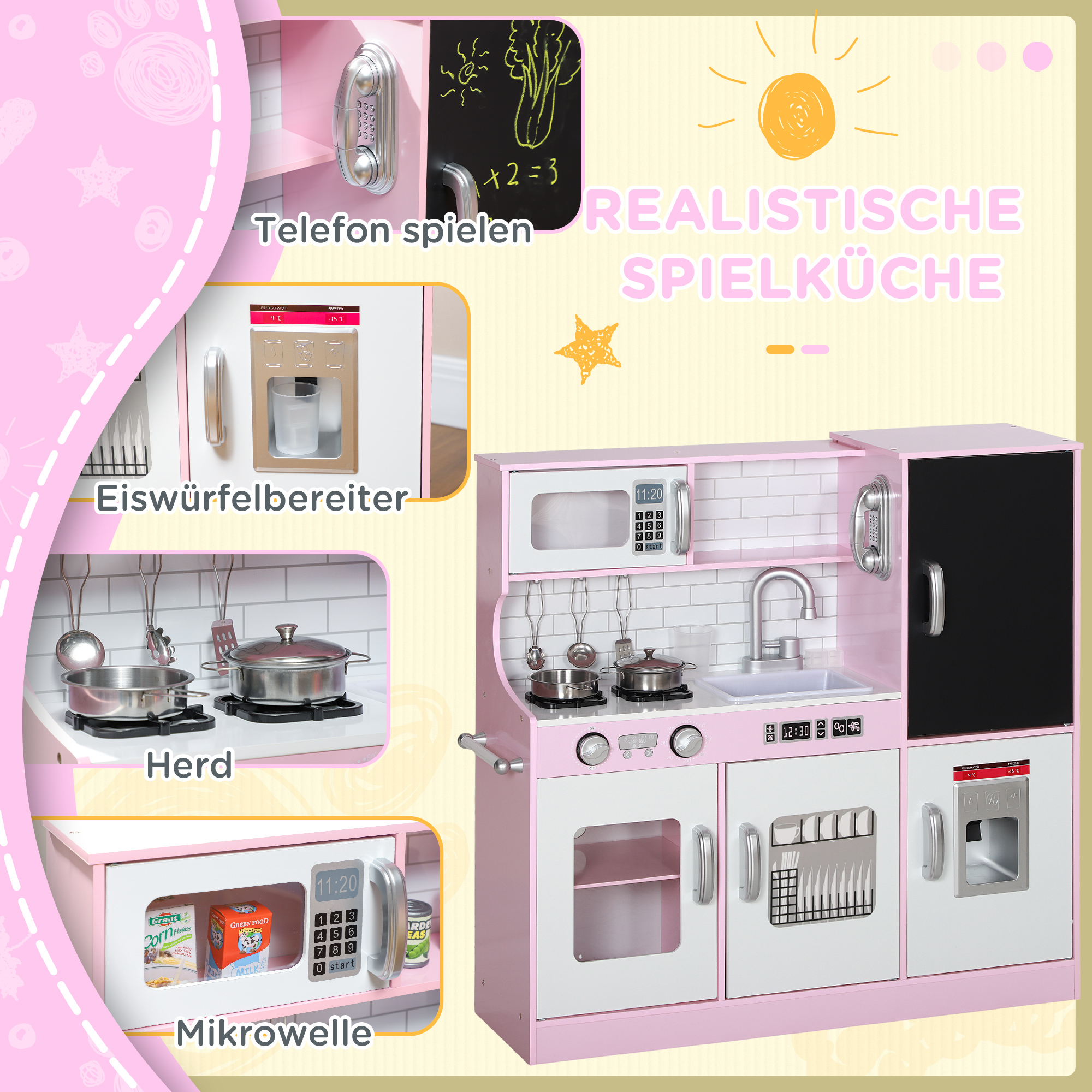 Spielküchen-Set mit Töpfen, Tafel, Telefon, Eismaschine, Herd, 83,8 x 26,8 x 81 cm, Pink