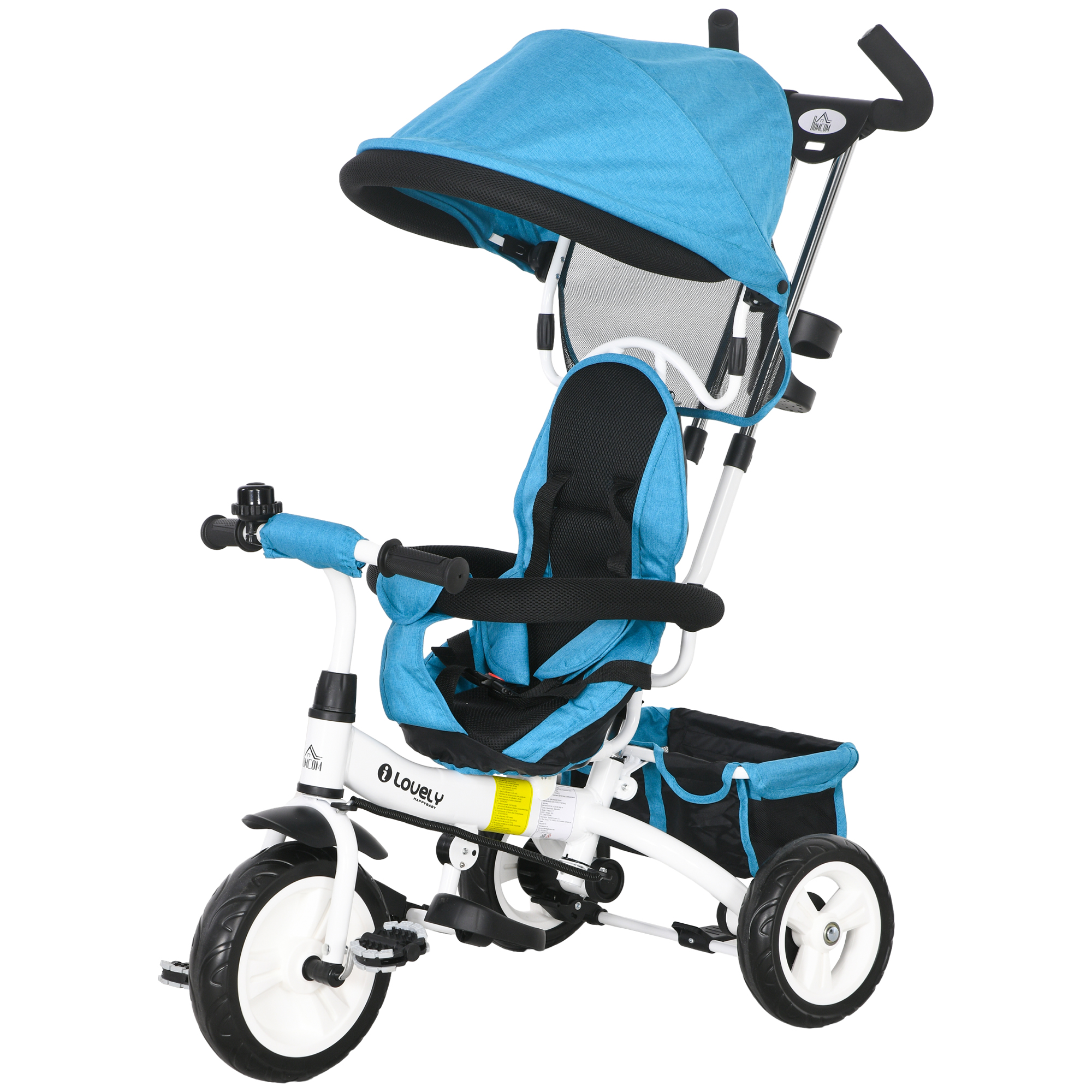 6-in-1 Kinderdreirad mit Schiebestange, Dach, Gurt, Ablagekorb, für 1-5 Jahre, Blau