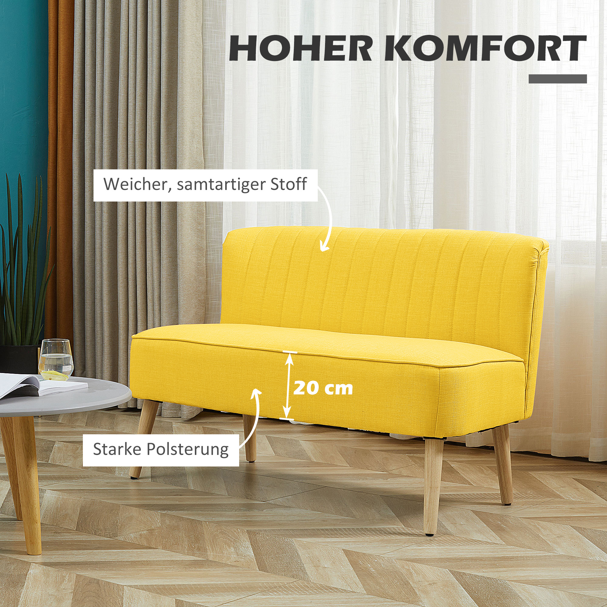 2-Sitzer Sofa, weiche Polsterung, pflegeleichter Bezug, bis 150 kg, 117 x 56,5 x 77 cm, Gelb
