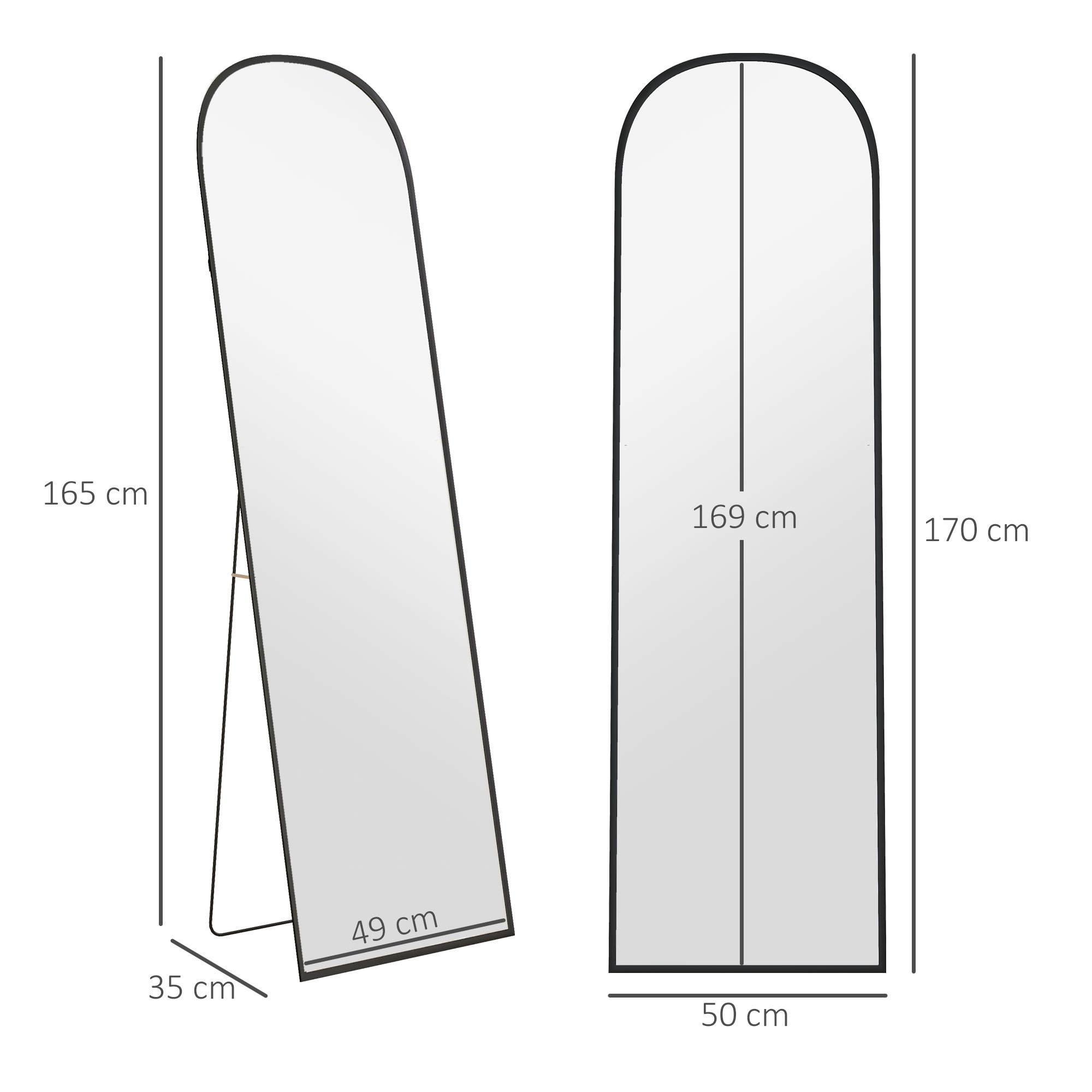 Standspiegel, Ganzkörperspiegel, modernes Design, 50 cm x 1,5 cm x 161,5 cm, Schwarz