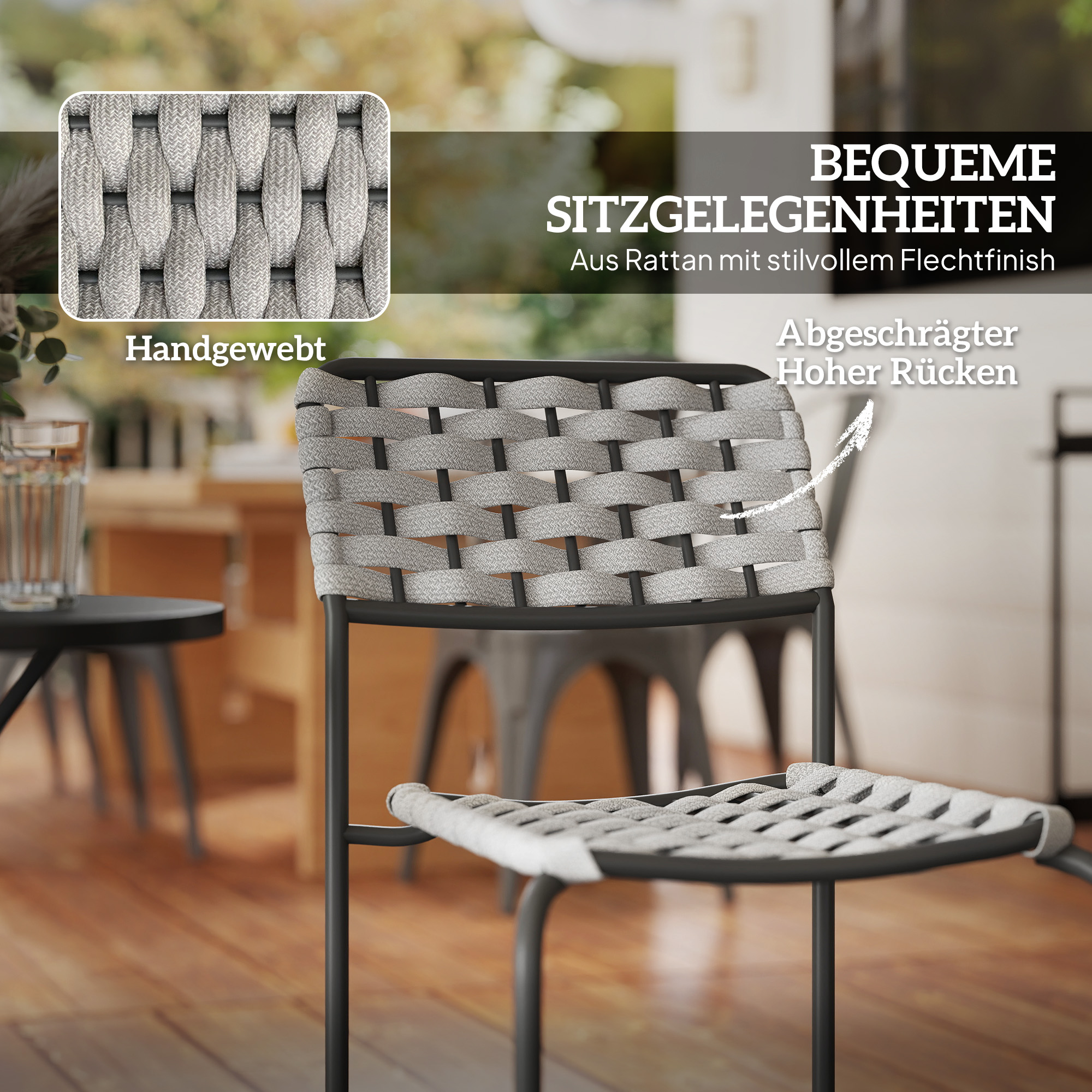 Polyrattan Gartenmöbel Set, Outdoor Lounge Balkonmöbel für 2 Personen, 3-teilig 2 Stühle, Tisch Grau