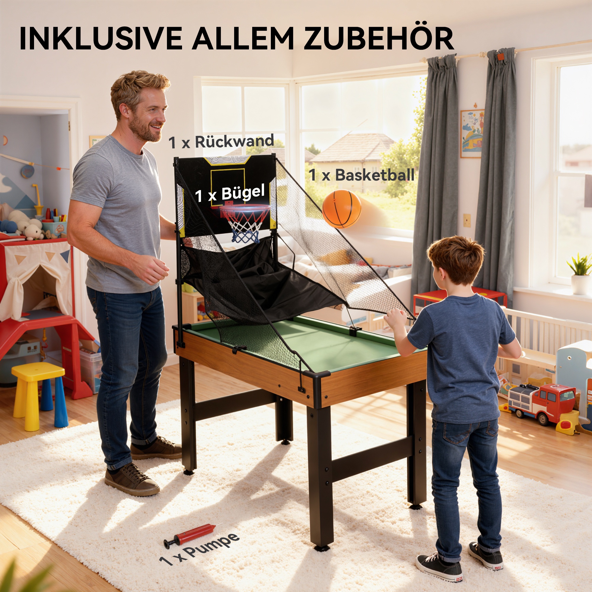 5-in-1 Multispiel-Tisch, 53 Zubehör-Teile, Tischfußball, Tischhockey , Tischtennis, Billard, Basketball, Walnuss