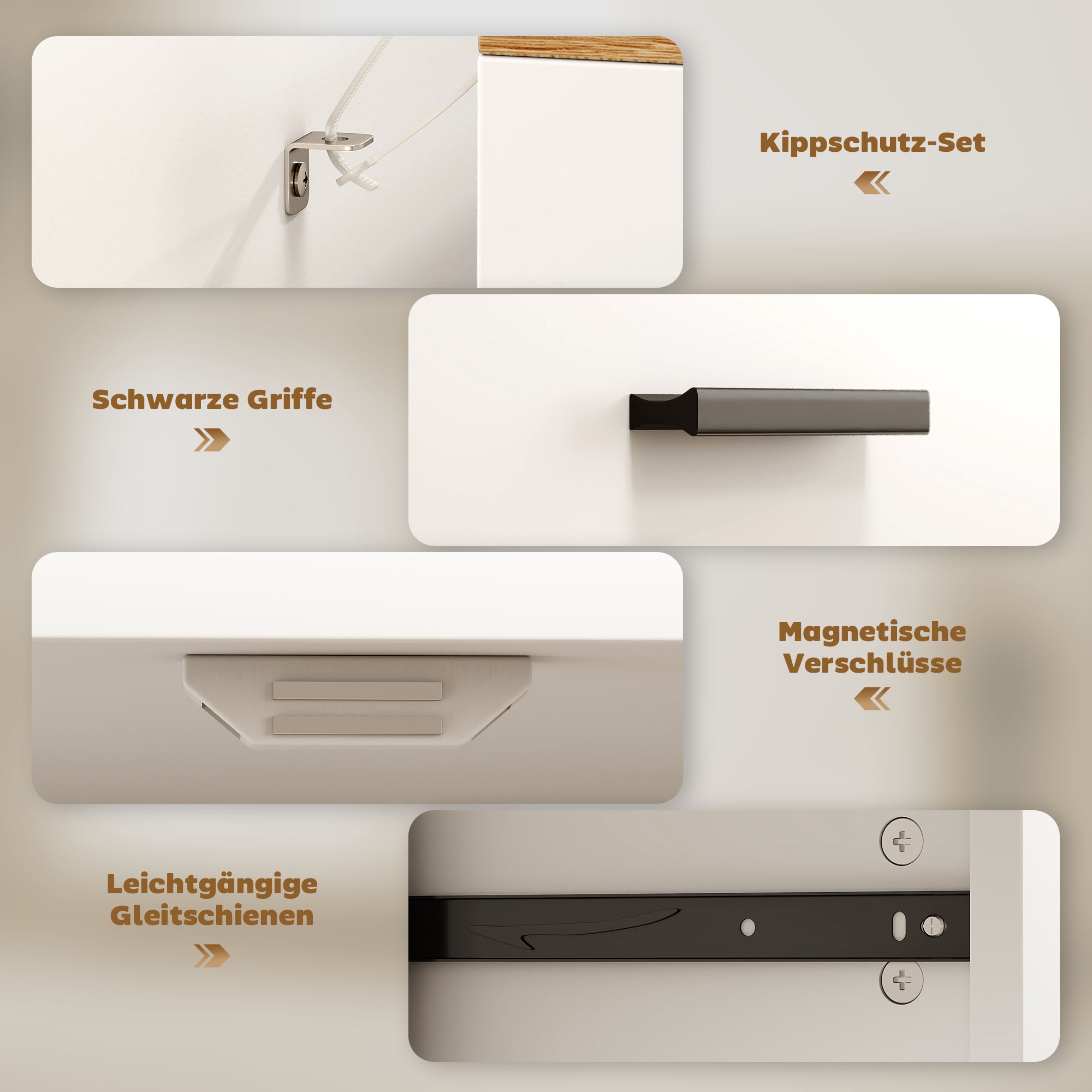 Sideboard mit Stauraum, Kommode mit 2 Schubladen, verstellbares Regal, für Küche, Wohnzimmer, Flur, Naturholz, Weiß