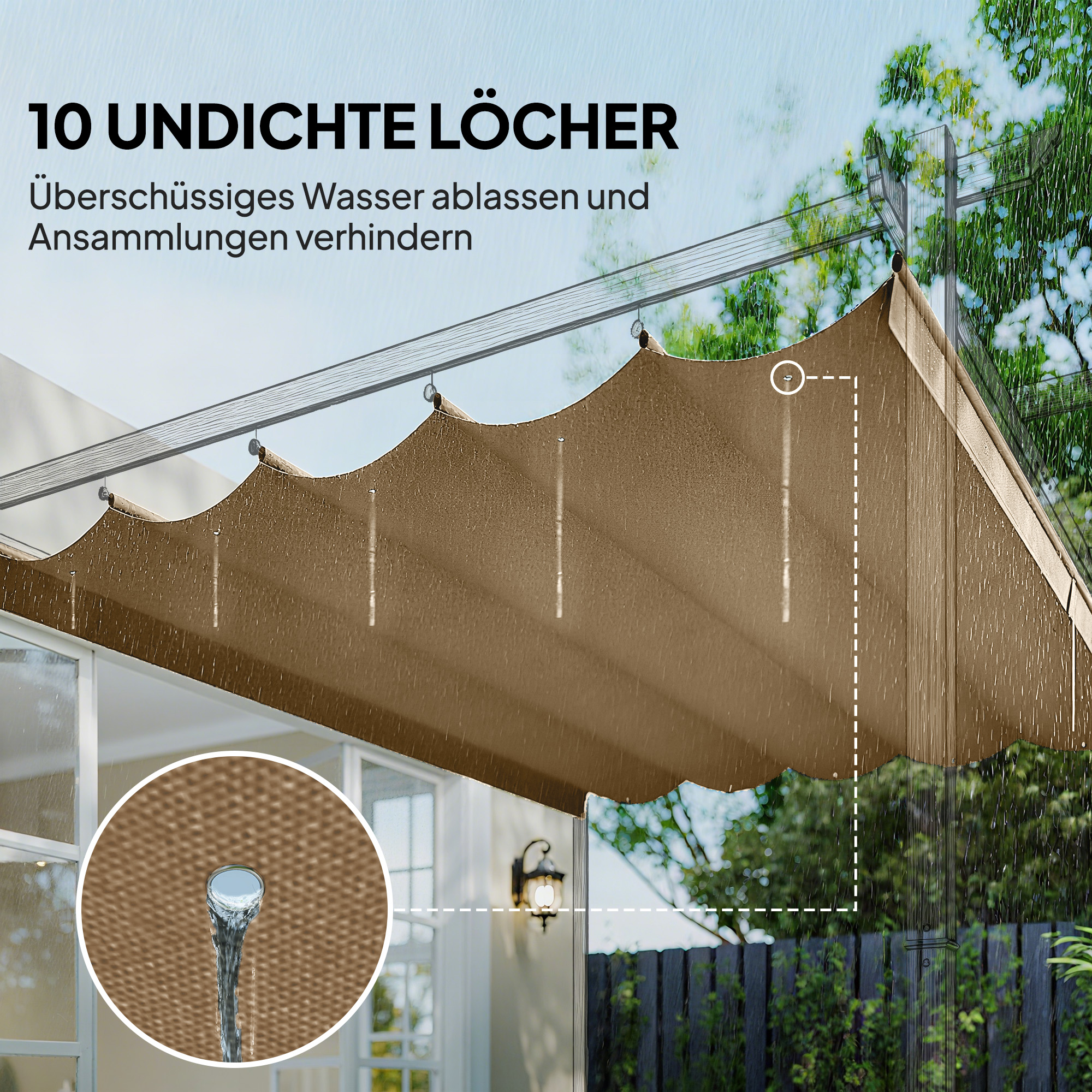 Ersatzdach für 3 x 3 m Pergola, einziehbar, mit Regenabflusslöchern, wetterfest, Polyester, Braun