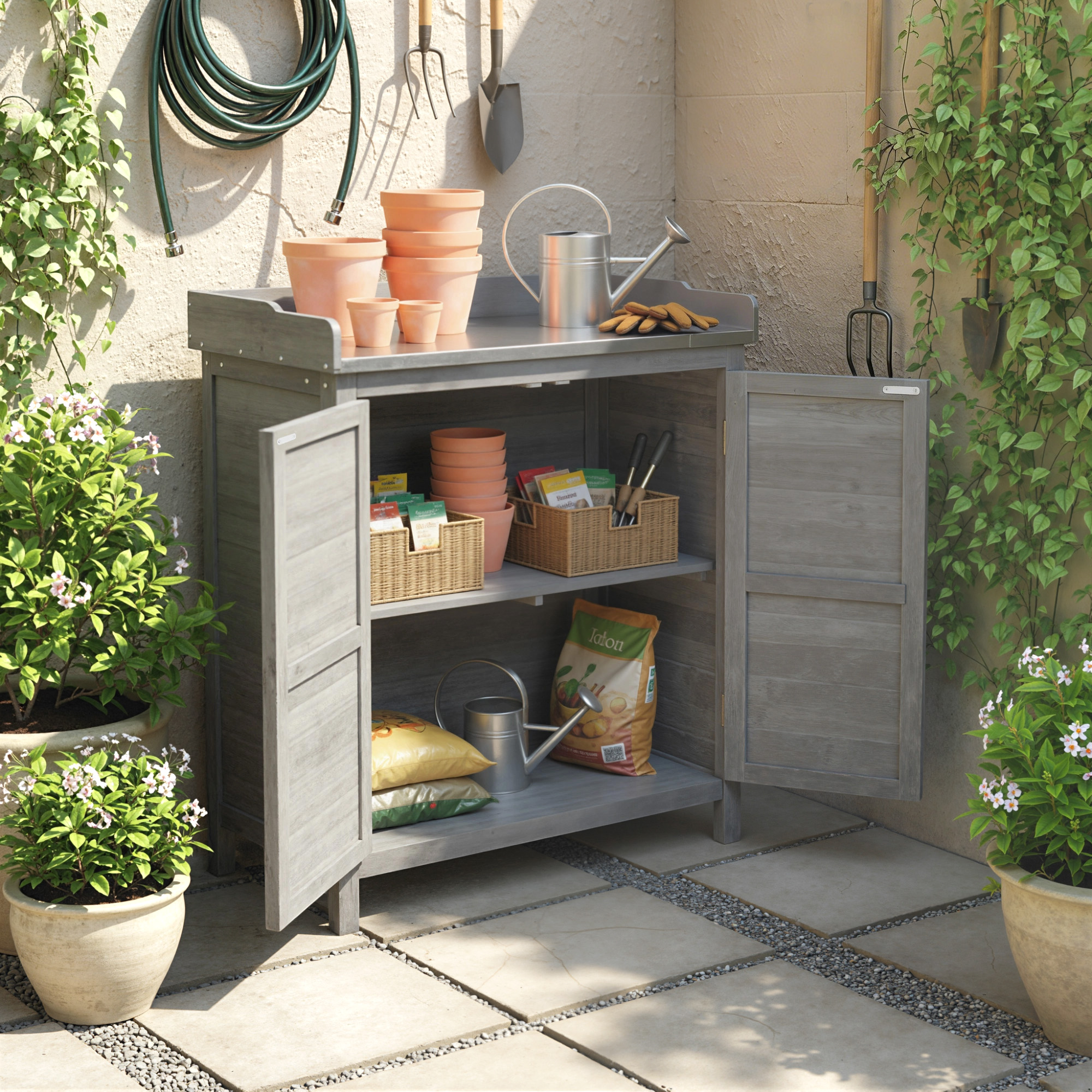 Gartenschrank mit Pflanztisch, Holz Geräteschuppen mit verzinkter Arbeitsplatte 2 Regalböden Grau