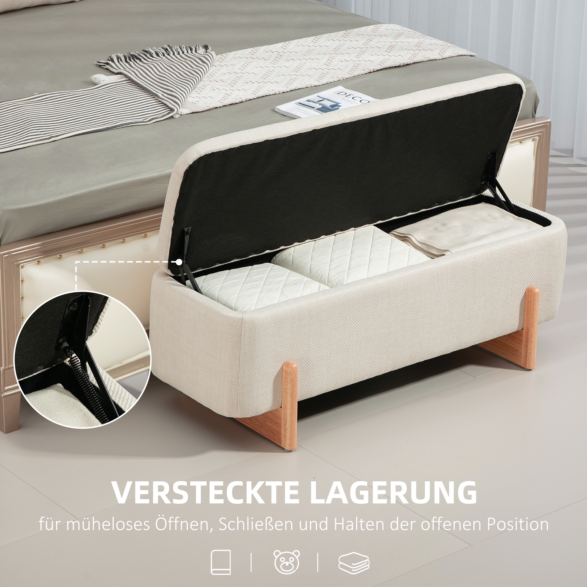Hocker mit Stauraum, Sitzbank mit Schaumstoffpolsterung, Leinenimitat, 111 x 44 x 44,5 cm, Cremeweiß