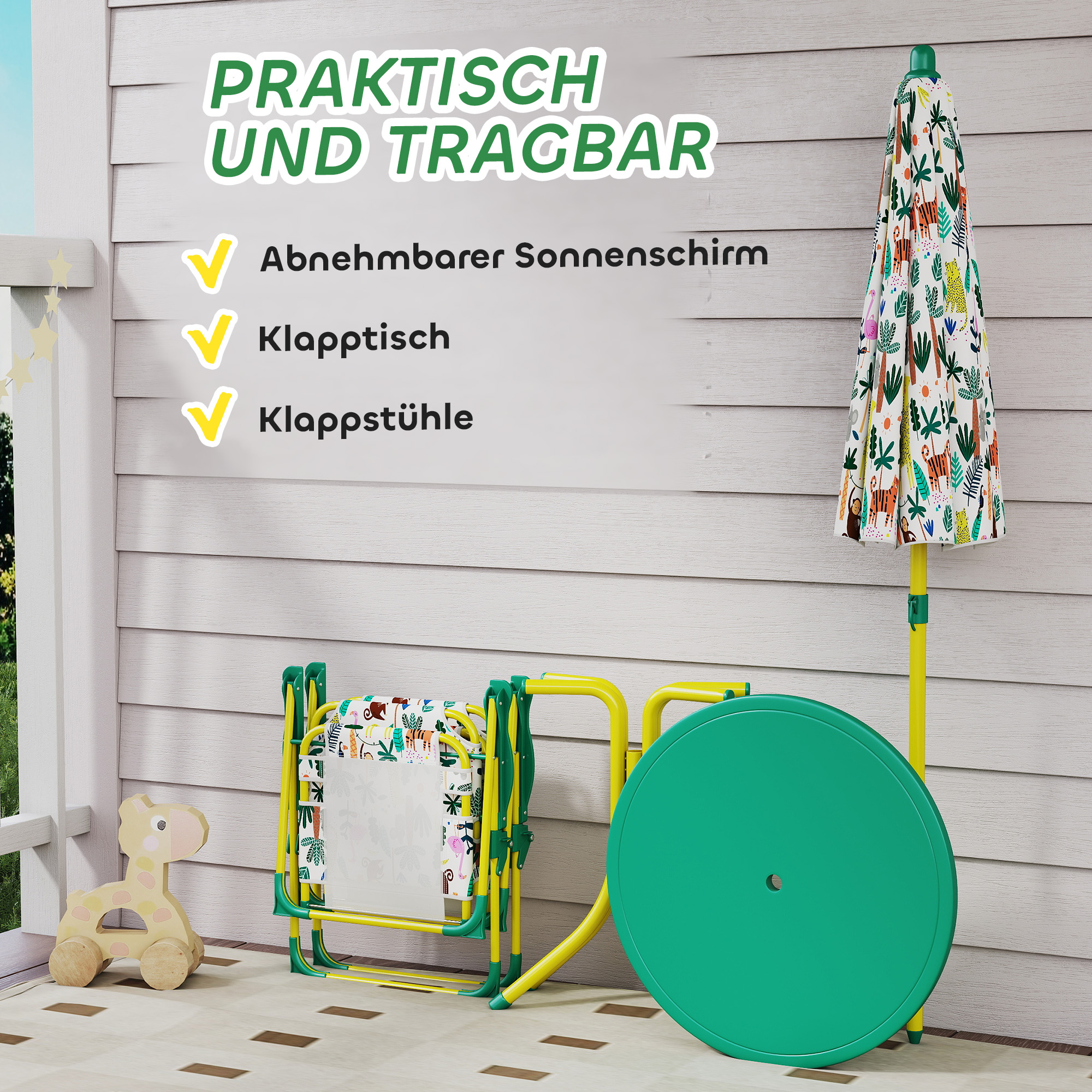 Kindersitzgruppe, 4 teilige Kindersitzgarnitur mit abnehmbarem Sonnenschirm, Kindertisch mit 2 Klappstühlen, Grün