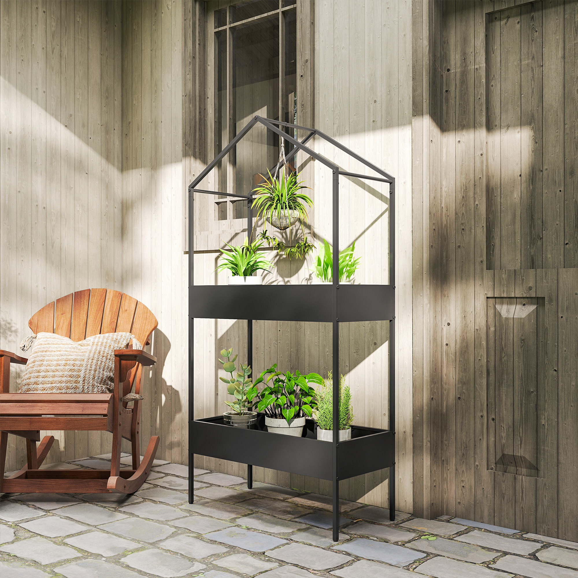 2-Etagen Pflanzenständer in Hausform, 150 cm hoch Blumenständer mit Haken, Metall Schwarz