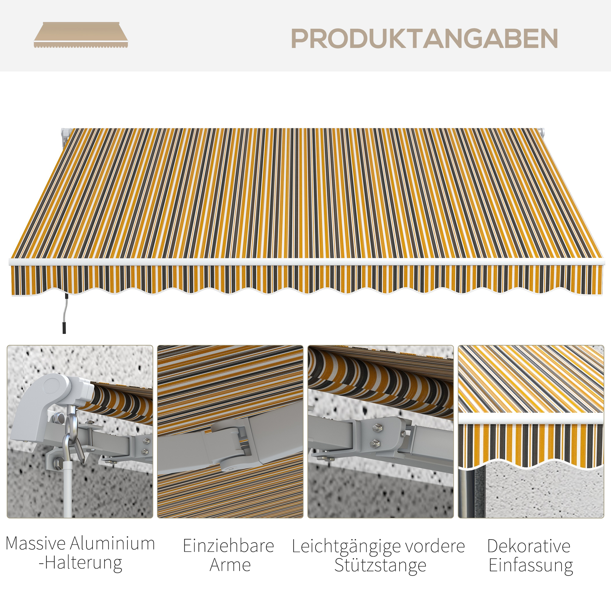 Markise Sonnenschutz Sonnendach, 3, 5 m x 2,5 m, Gelb + Grau
