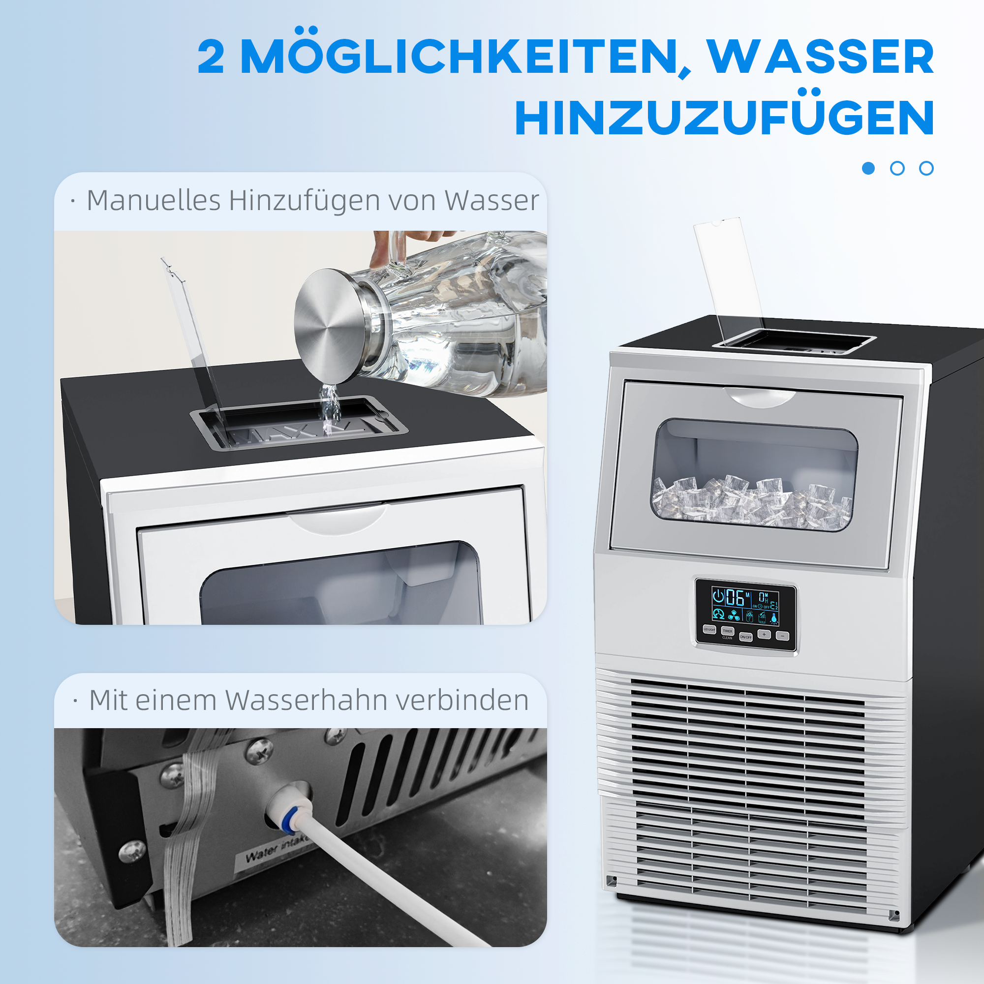 Kommerzielle Eiswürfelmaschine, LED-Beleuchtung, leicht lesbare Anzeigen, mit Schaufel, Silber