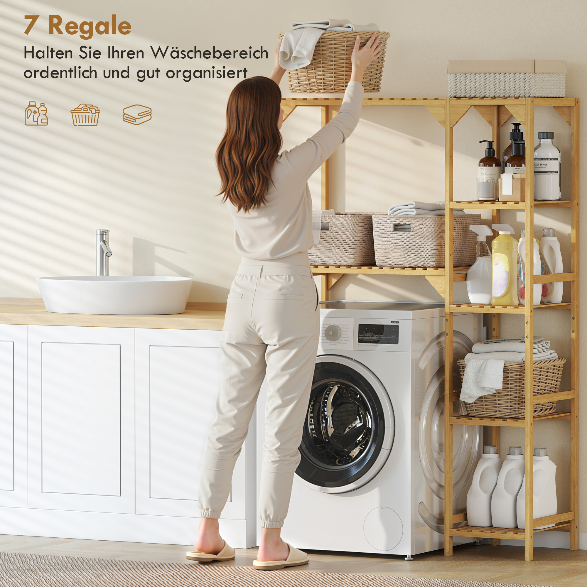 Waschmaschinenregal, mehrere offene Fächer, für Wäsche, Zubehör, Bambusholz