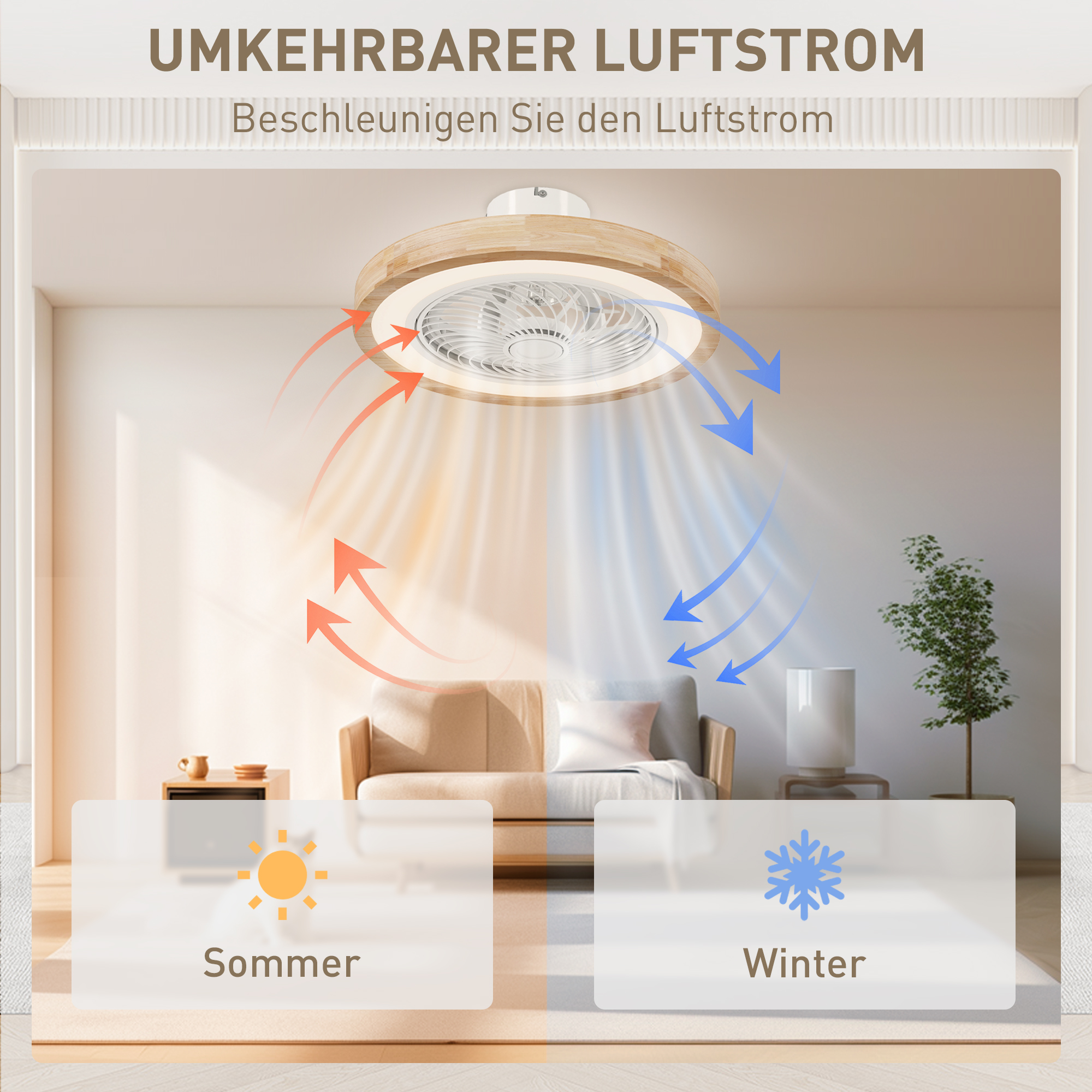 Deckenventilator mit Lampe und Fernbedienung, 6 Geschwindigkeiten, einstellbare Helligkeit, leiser Motor, Hellbraun