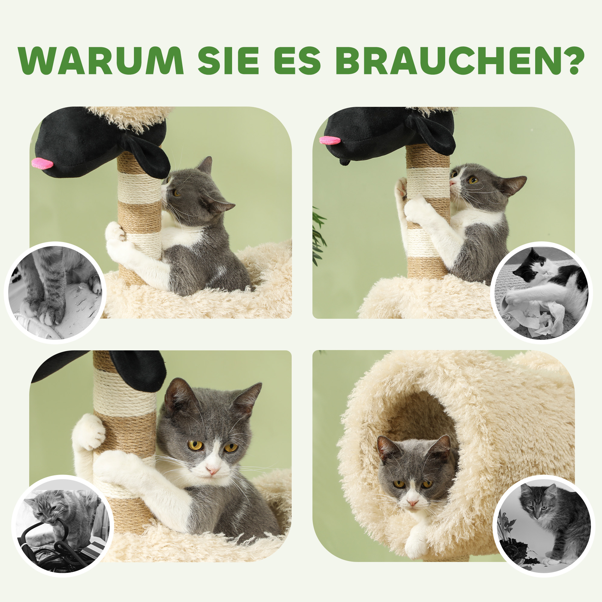 Katzenbaum im Schaf-Design, mit Kratzpfosten, Tunnel und Spielzeug, 98 cm, Hellbraun