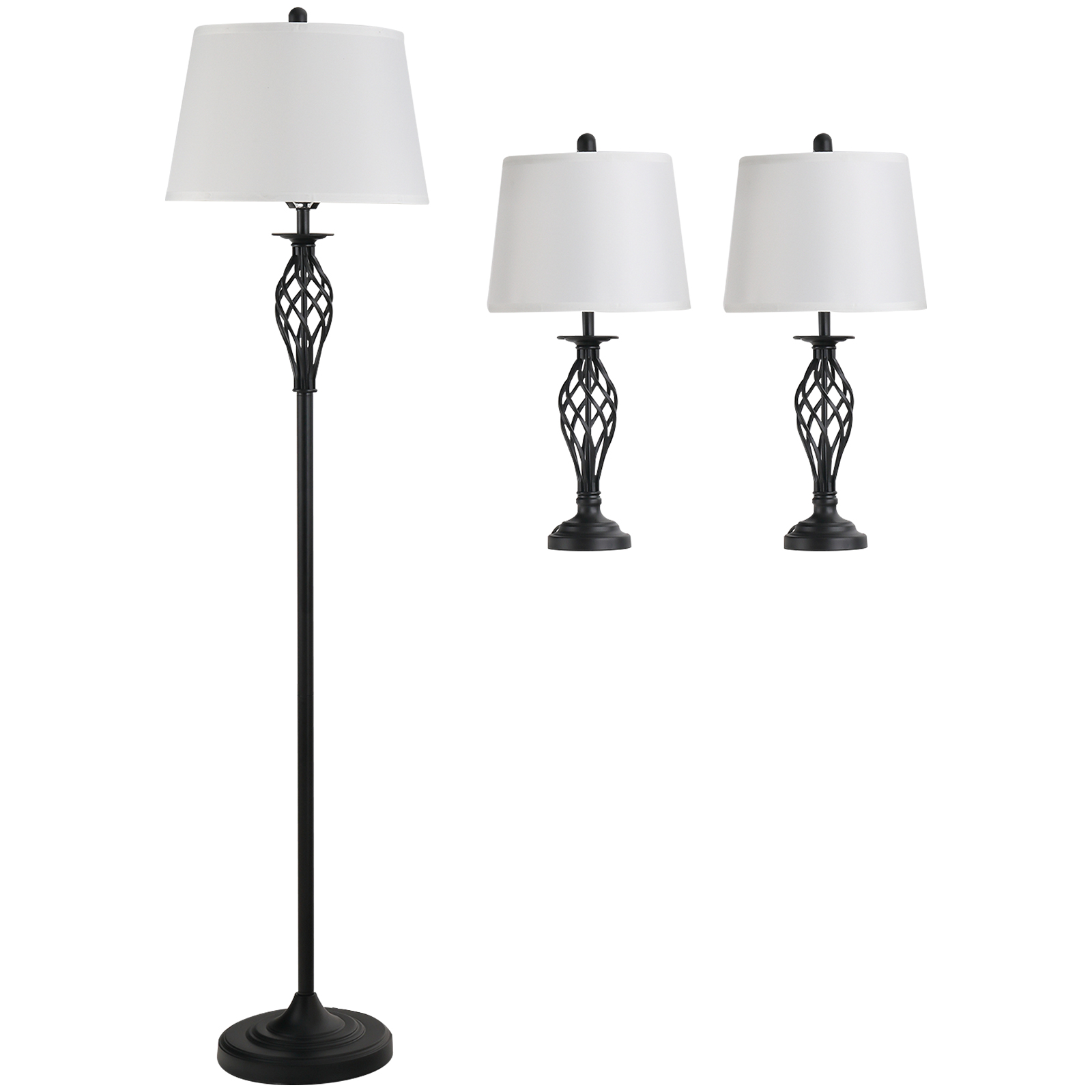 3er-Lampenset 2 Tischlampe(ø38 x 158H cm) + 1 Stehlampe(ø30 x 62H cm) Vintage Standlampe mit Fußschalter Leselampe für Wohnzimmer, Schlafzimmer Metall, Schwarz+Weiß