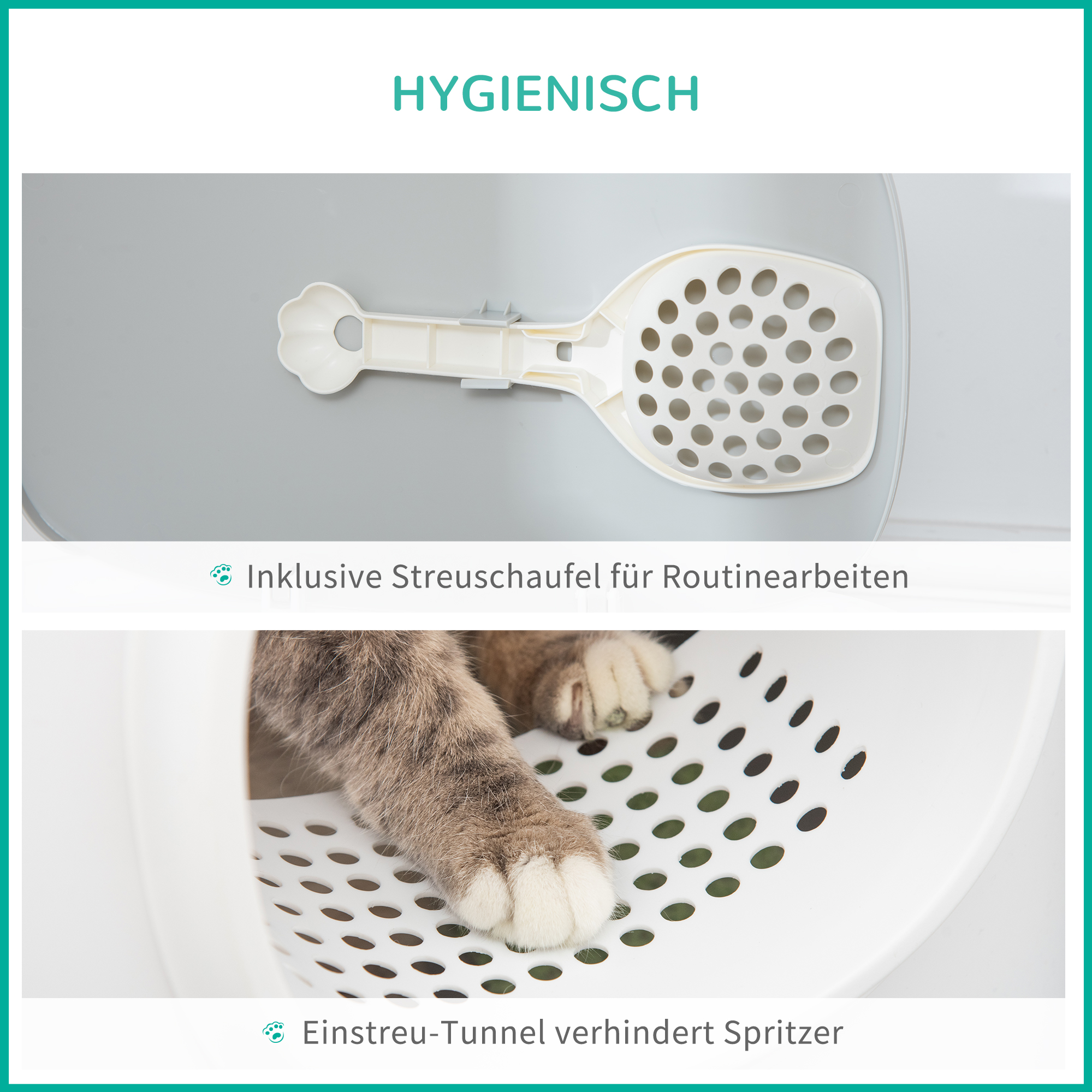 Katzenklo mit Deckel Katzentoilette mit Haube Schaufel Gitterboden XXL Katzentoilette für Katzen bis 5 kg 55 x 40 x 39 cm Weiß