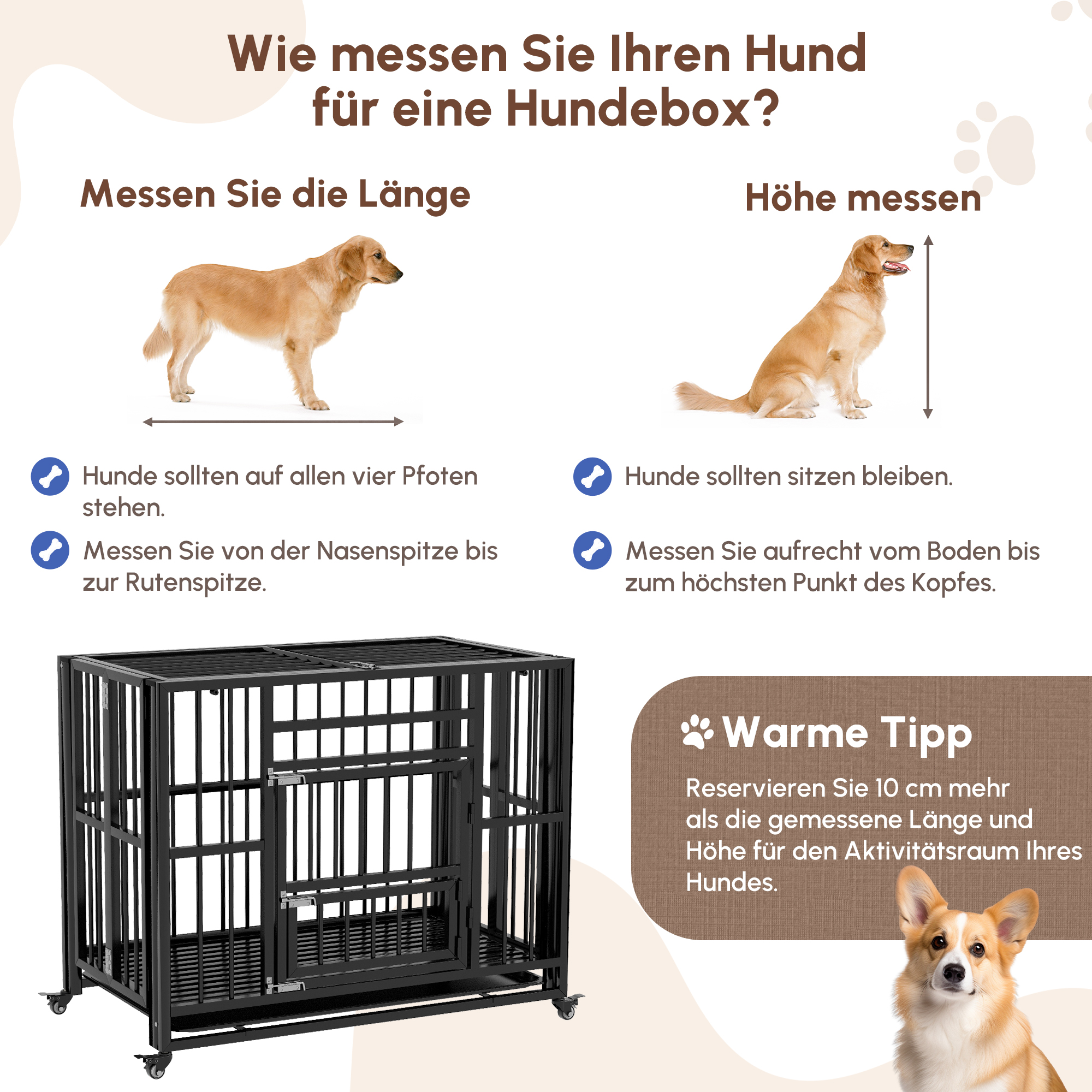 Hundebox Hundekäfig, inkl. Bodenwanne, Verriegelung, Universalrollen, 94 cm x 58 cm x 78 cm, Schwarz