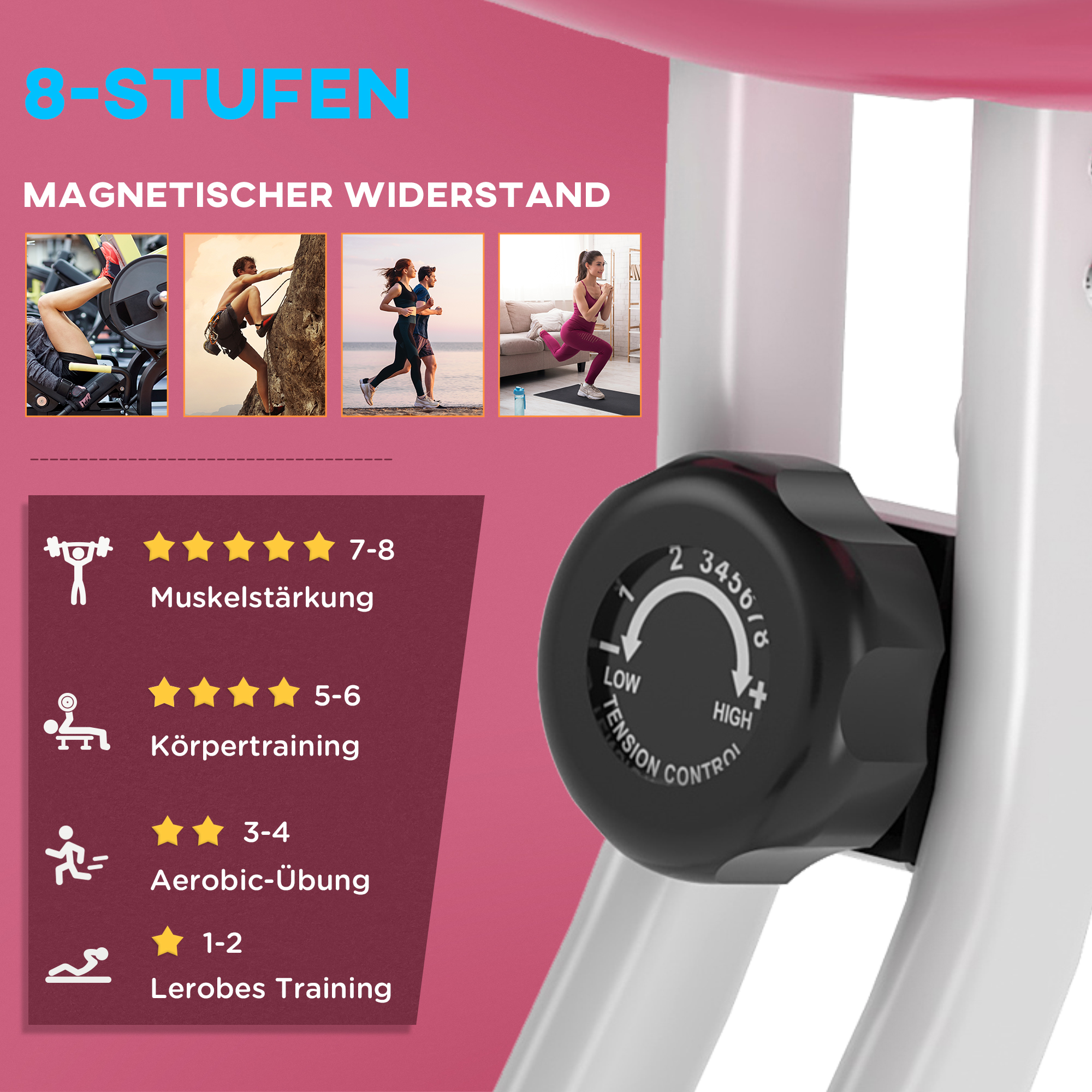 Heimtrainer Fahrradtrainer klappbar Magnetisch Hometrainer Fahrrad mit LCD Monitor, 8 stufig einstellbarem Magnetwiderstand, Platzsparend Fitnessbikes für Zuhause Rosa+Weiß