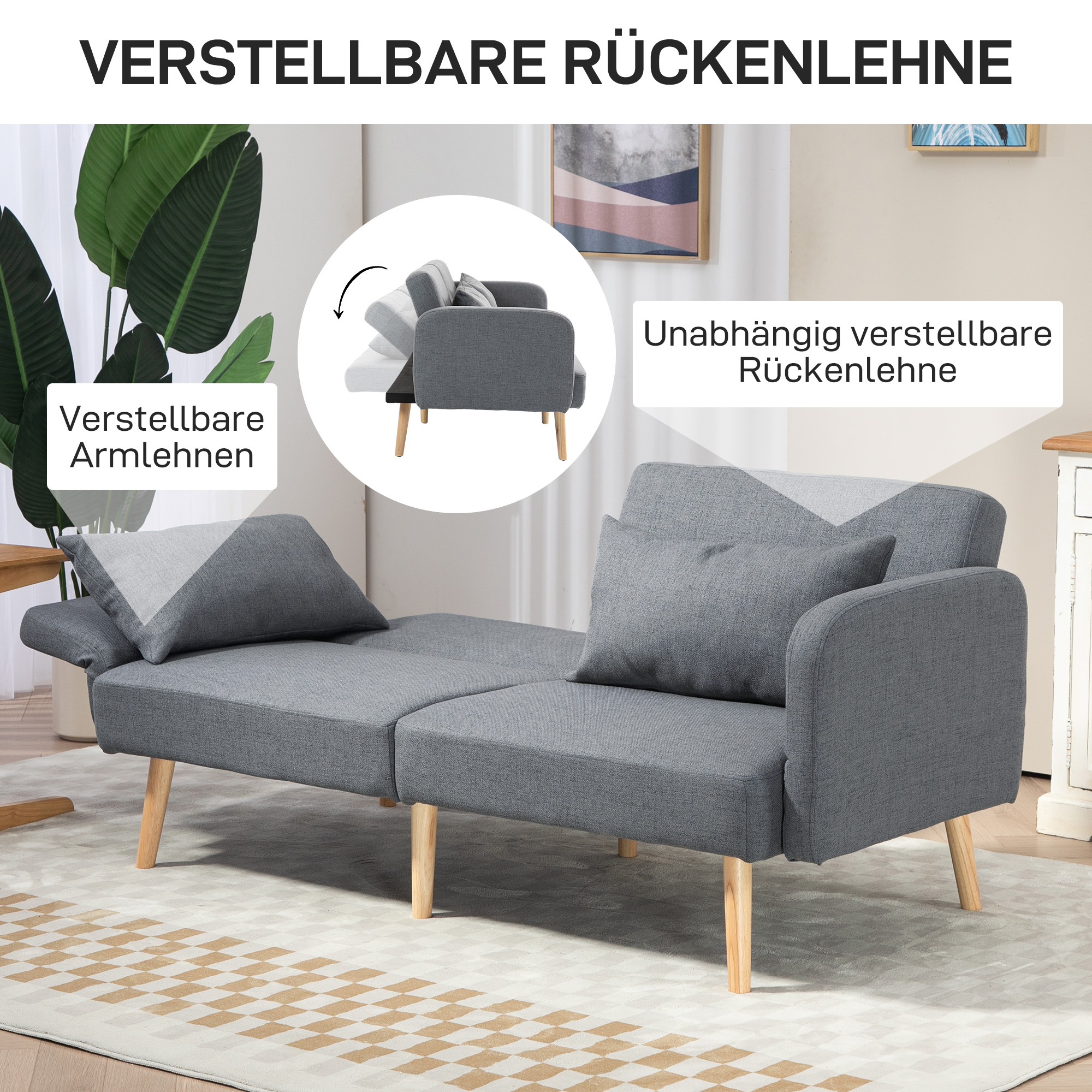 3-Sitzer Schlafsofa, Gäste-Doppelbett, bis 240 kg, Klapplehnen, Holzrahmen, 170 x 83 x 80 cm, Grau