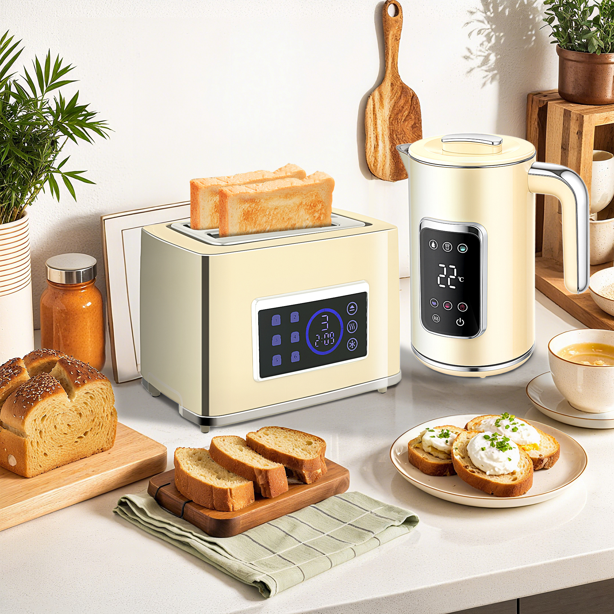 Wasserkocher und Toaster-Set mit LED-Touchscreen, 1,7 L, 2 Toasterschlitze, verschiedene Modi und Funktionen, Cremeweiß